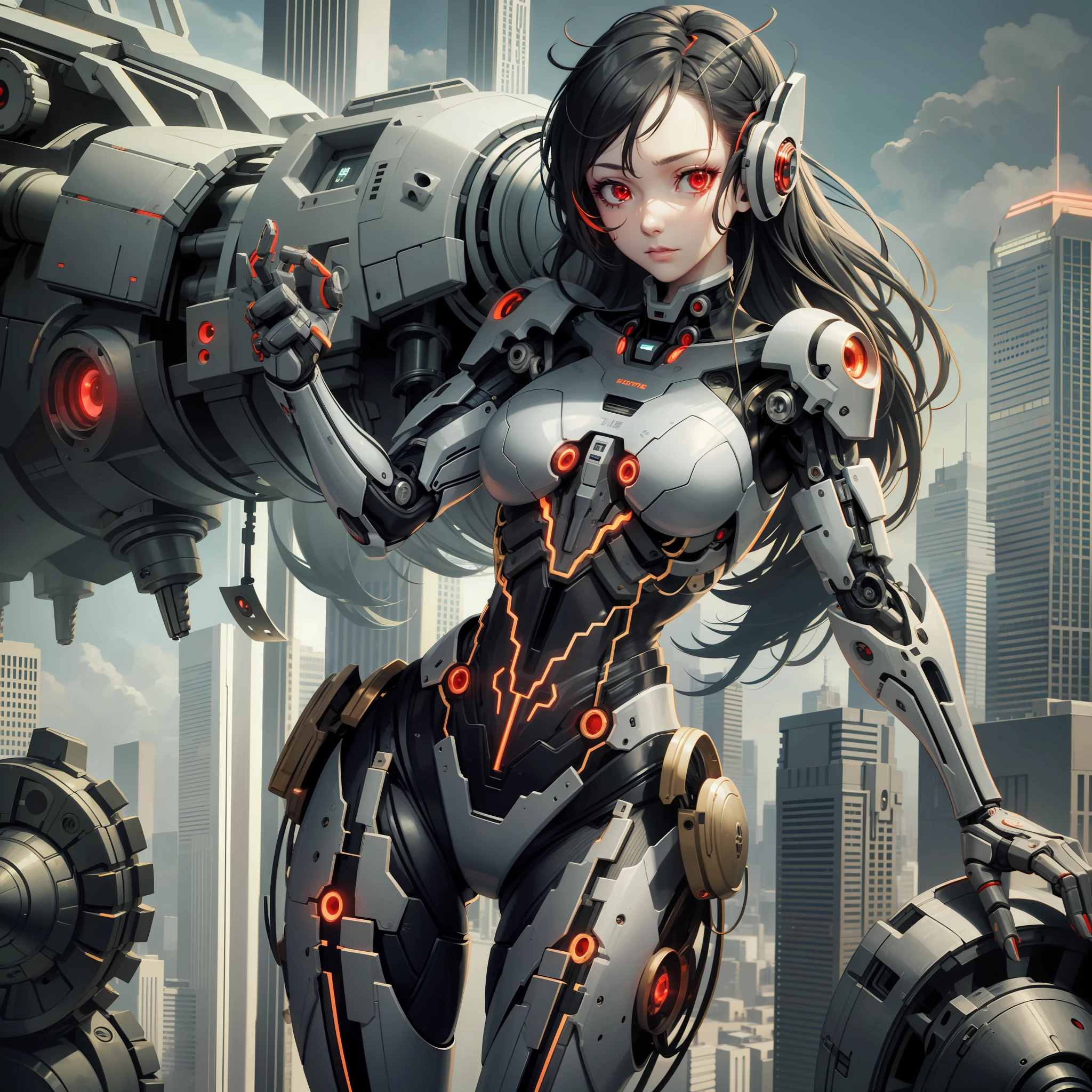 Cyborg girls, bio organism, non-human, mechanical parts, bionic body parts, red glowing eye, full height, full body, very detailed, ultra 8k quality, broken parts, holes in mechanisms, cybernetic organism, machine gun in hand, laboratory