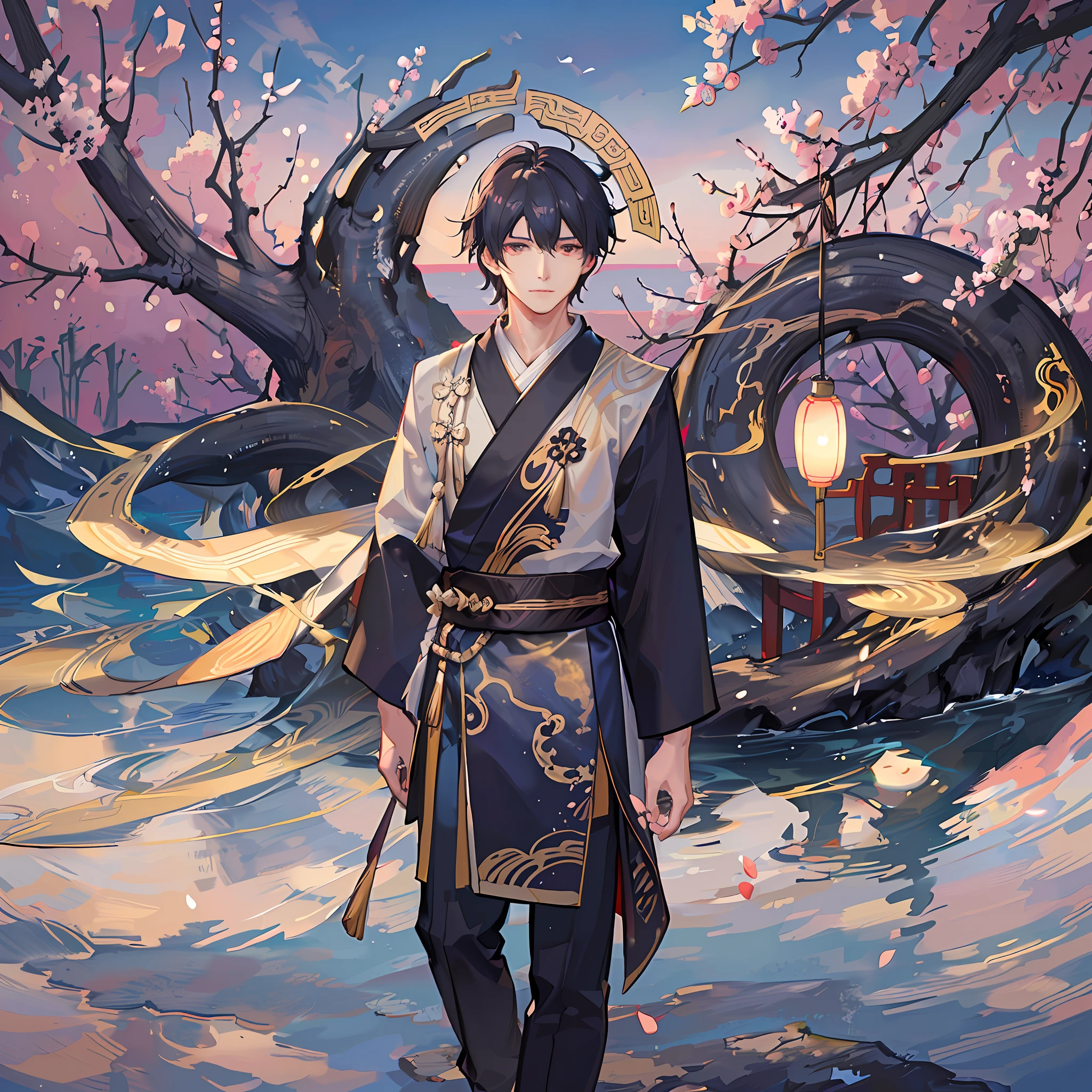 Two-dimensional, ancient style, Chinese style, spring, boy, alone, scholar, literature and art, loss, night moonlight, water ripples, outdoor scenery, front, wide angle lens, walk alone, black hair, white hanfu, handheld paper fan, best quality, masterpiece, rendering, 8K, high resolution