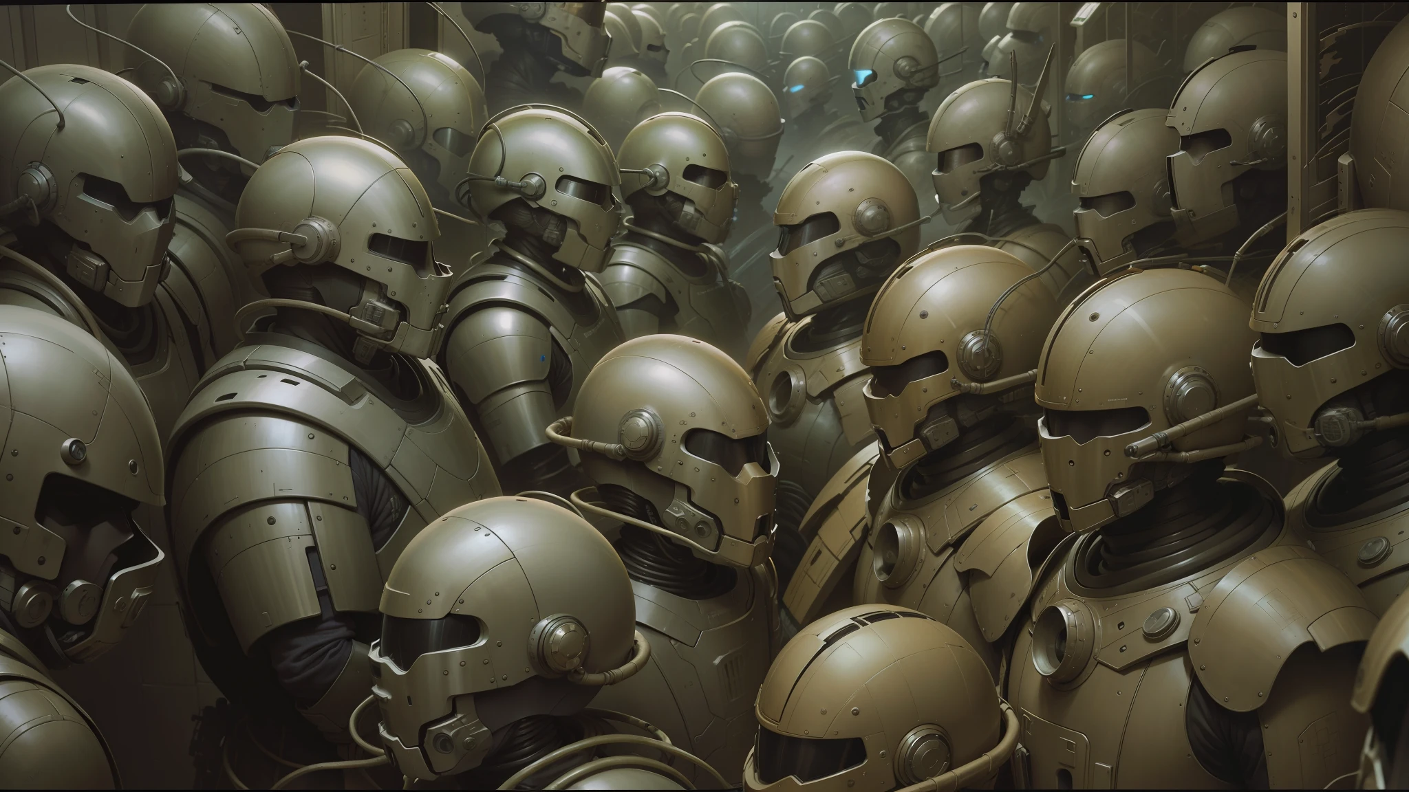 there are many helmets and helmets that are all lined up, peter gric and dan mumford, craig mullins nekro, by Peter Gric, style of jim burns, inspired by Stephan Martiniere, cgsociety ), cybernetic civilizations, cybernetic civilisations, fractalpunk, award winning scifi art, by Ian Miller --auto --s2