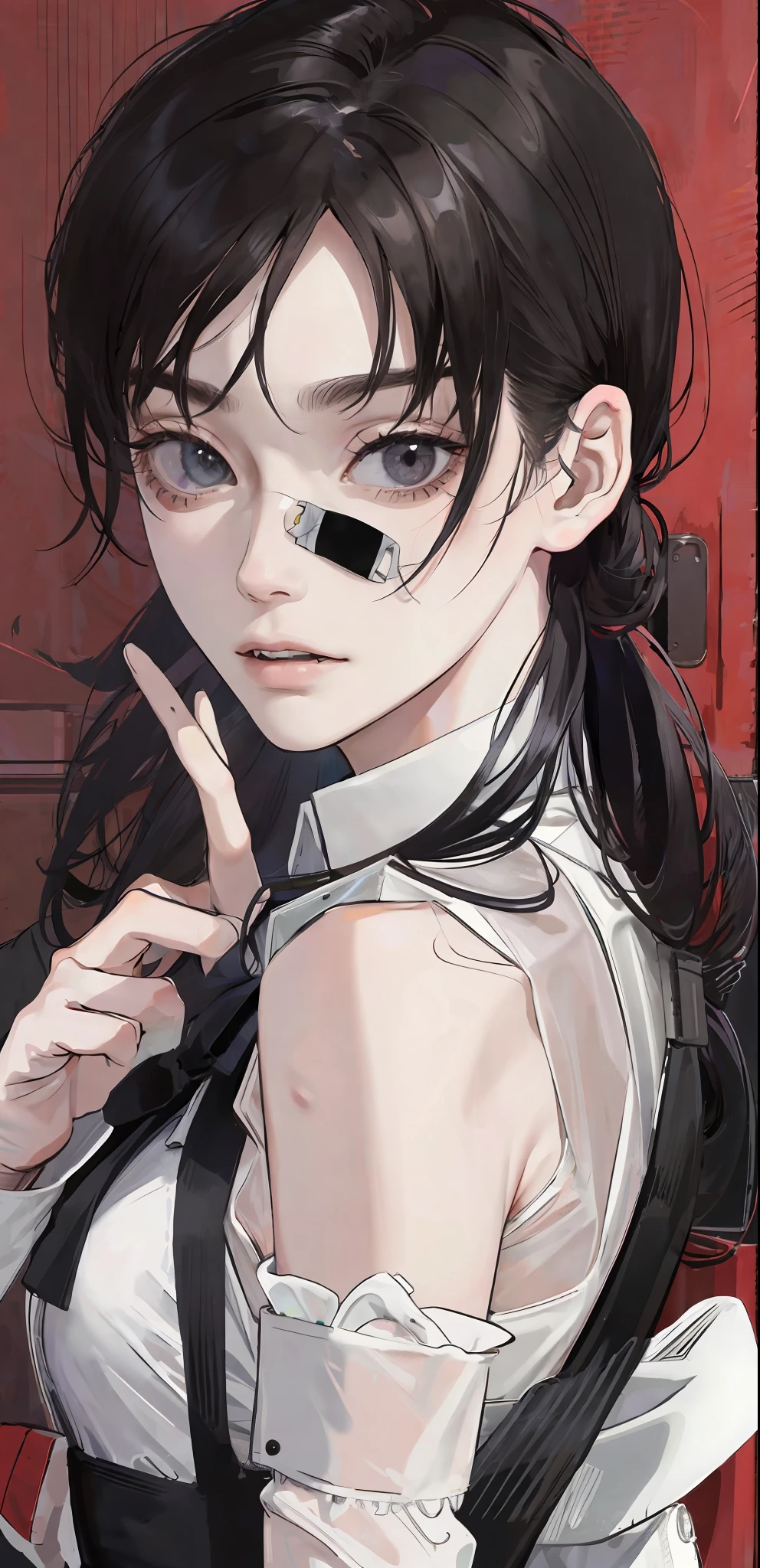((masterpiece, best quality)), (1girl), (solo), (female focus), Asa Mitaka \(chainsaw man\),(very detailed face, real image, realistic skin, realistic body, intricate details), upper body, dark eyes, looking at the viewer, bandages over the body, black hair, far sleeve shirt, pinaforee dress, black tie, bandages, bandages, bandages, small breasts