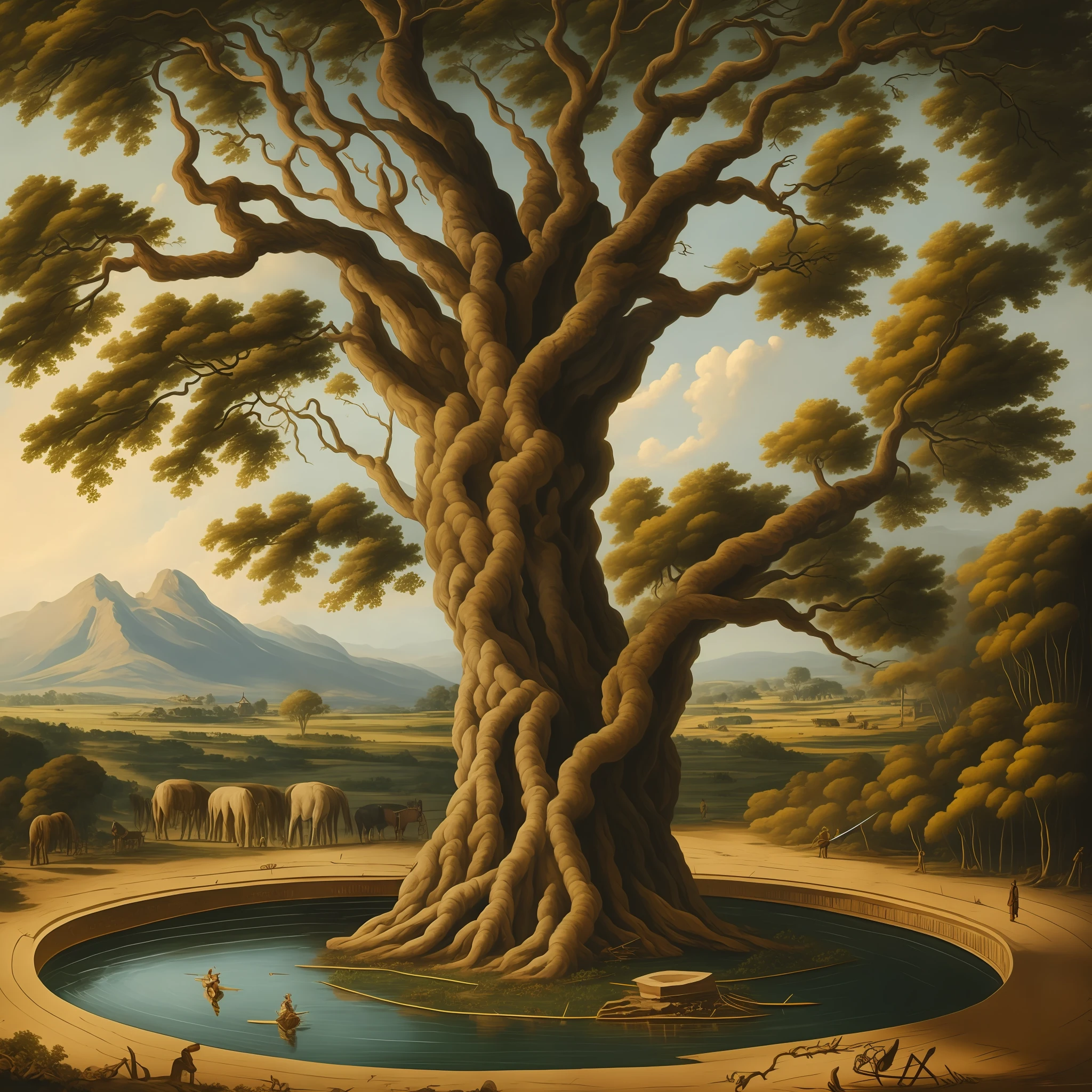 A large tree as the main element in the background of the image. In the foreground, a well with a bow and arrow resting on it --auto --s2