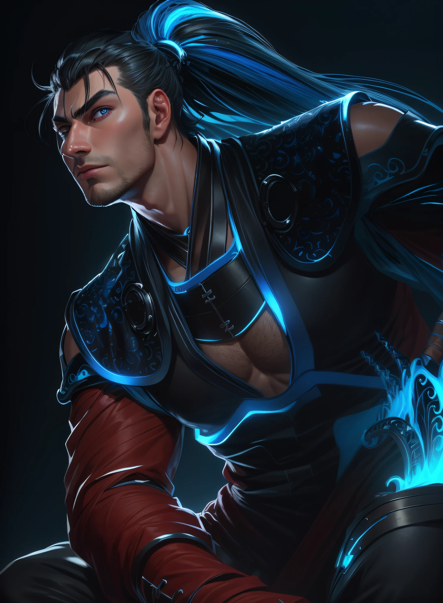 closeup of a man with black hair, cinematic blue lighting, 8K, RAW, HD, stunning masterpiece, young, charming, handsome