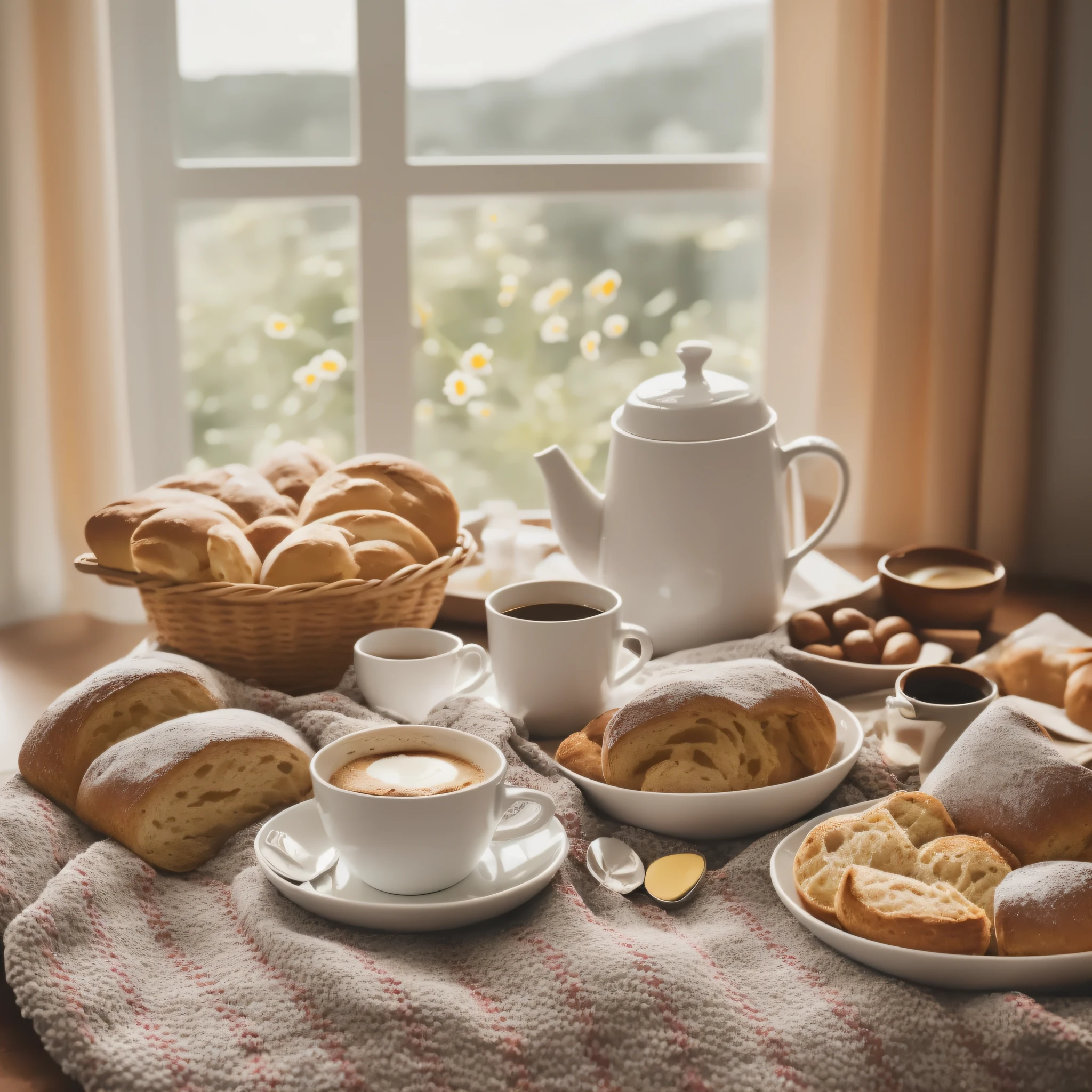 (a very cozy photo, better quality, warm and soft lighting),(grazingfood breakfast basket, fresh freshly baked breads, steaming cup of coffee),(fluffy and comfortable blanket),(small details of charm, flowers, warm sun, soft shade), comfortable table