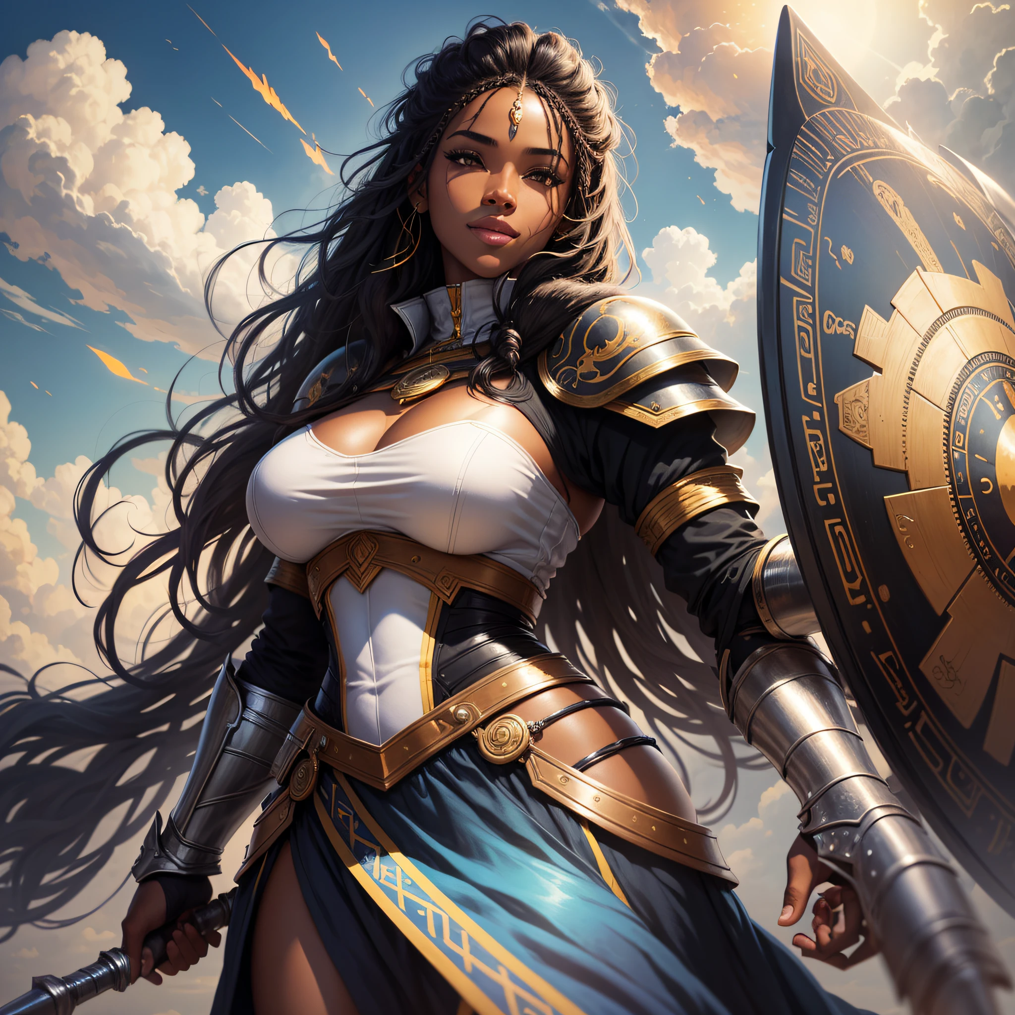 illustration of black woman warrior, African, hidden breasts, wearing large clothes over the body, no sexy, brave, wearing cover in back, holding a shield, with a light anda confident smile, background with sky and clouds and sun sett