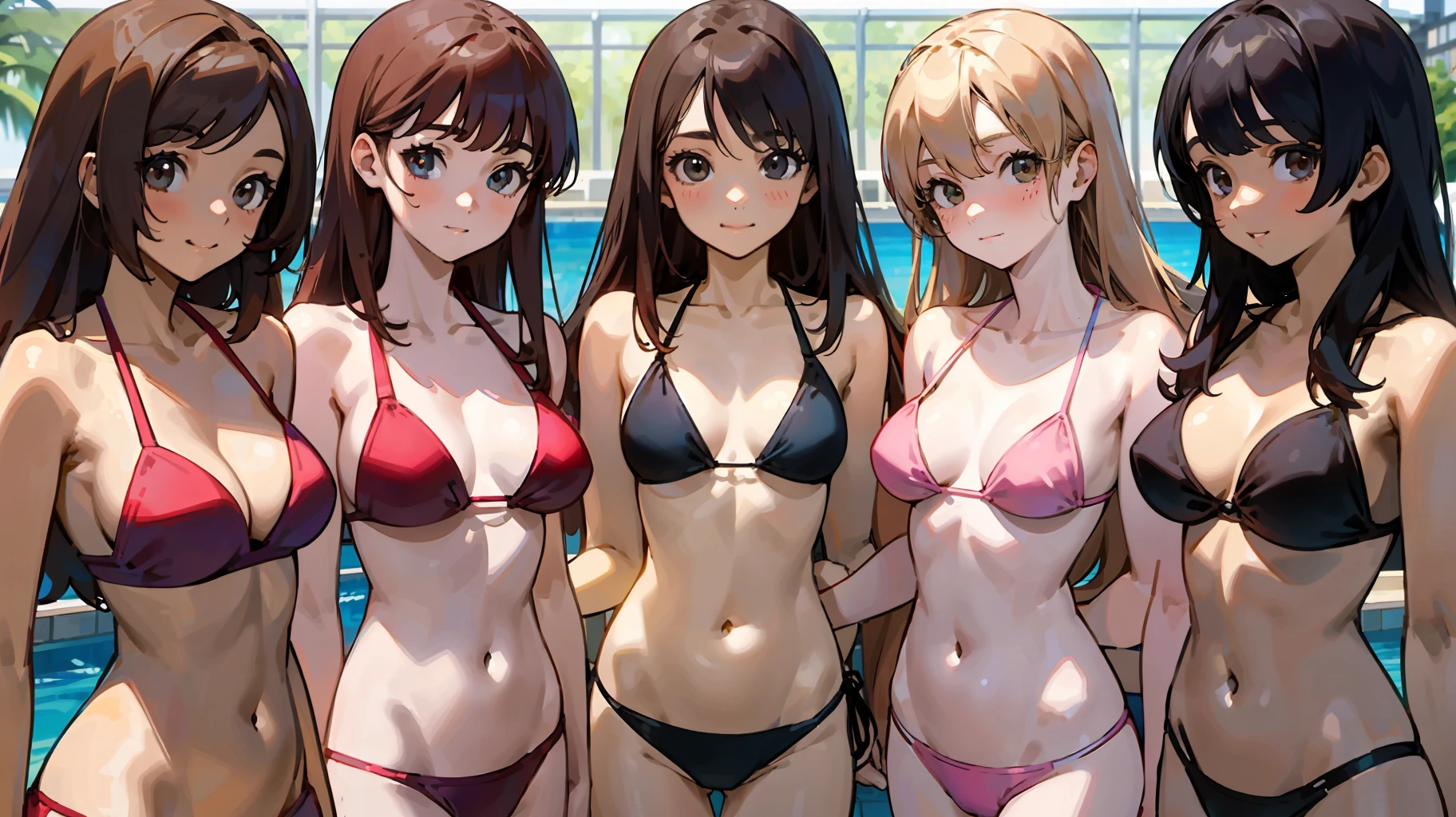 {{Teenage female, caucasian, hundreds of girls, many girls, group shot}}, looking at viewer, hazel eyes, extremely detailed, brown hair, blonde hair, red hair, black hair, pink bikinis, pool, matching bikinis, happy, best quality, high quality, extremely detailed anime screencap