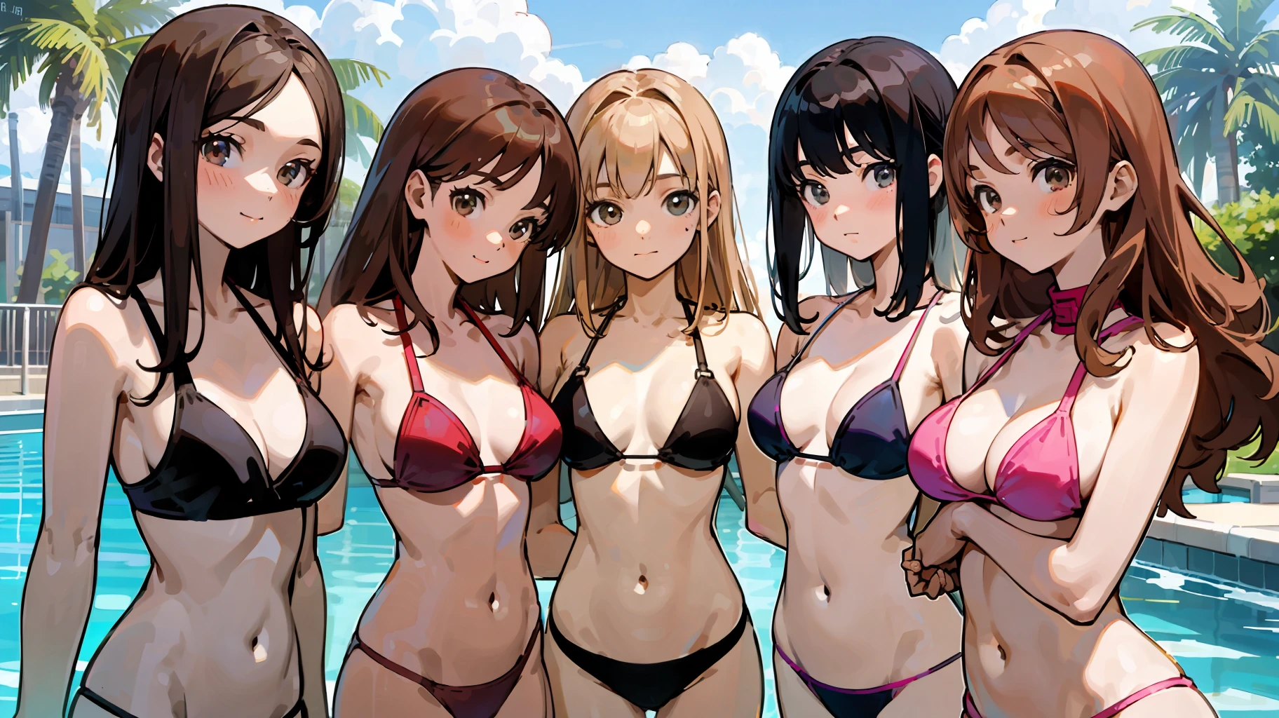 {{Teenage female, caucasian, hundreds of girls, many girls, group shot}}, looking at viewer, hazel eyes, extremely detailed, brown hair, blonde hair, red hair, black hair, pink bikinis, pool, matching bikinis, happy, best quality, high quality, extremely detailed anime screencap
