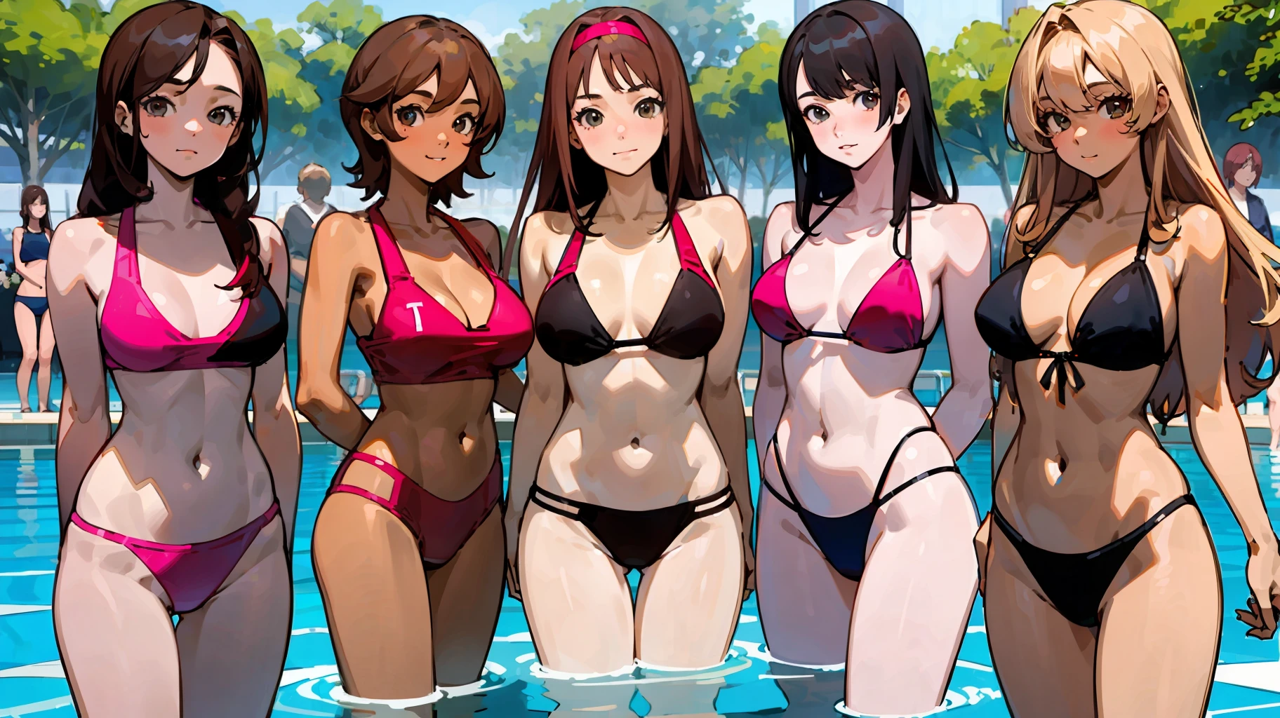 {{age female, caucasian, hundreds of girls, many girls, group shot}}, looking at viewer, hazel eyes, extremely detailed, brown hair, blonde hair, red hair, black hair, pink bikinis, pool, matching bikinis, happy, best quality, high quality, extremely detailed anime screencap