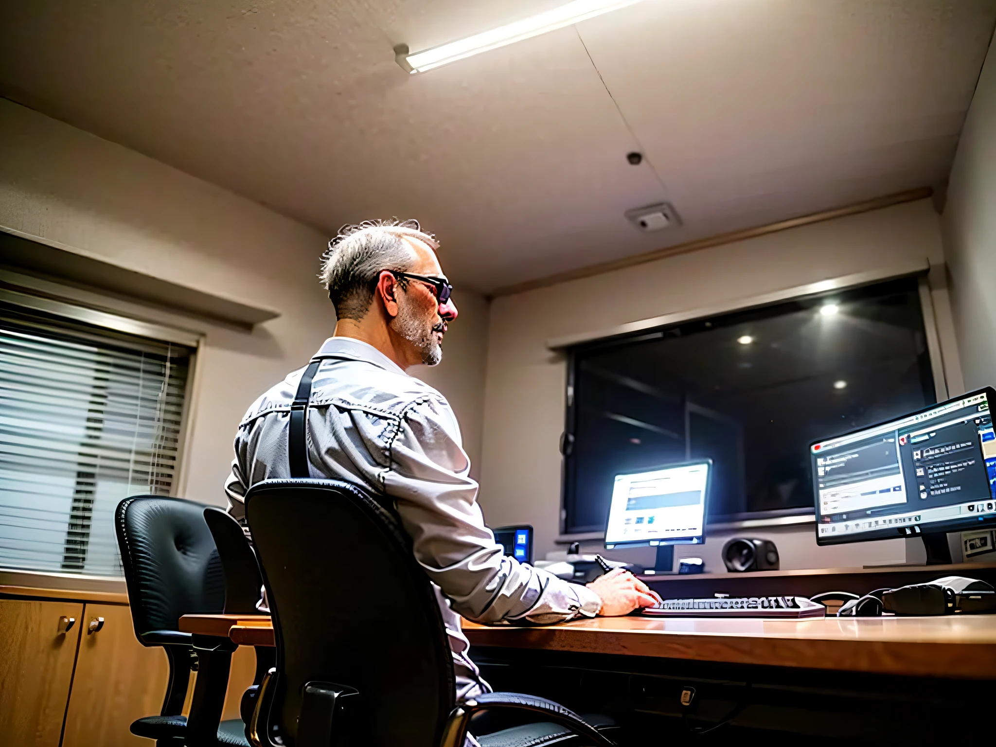 masterpiece, best quality, ultra-detailed, illustration,
controlroom, scenery, speaker, clock, computer, indoors, chair, table, monitor, instrument, window, ceiling light, light, night, lamp,
(older man), silver hair , short cut, (mascular male:1.5), (sunglasses),