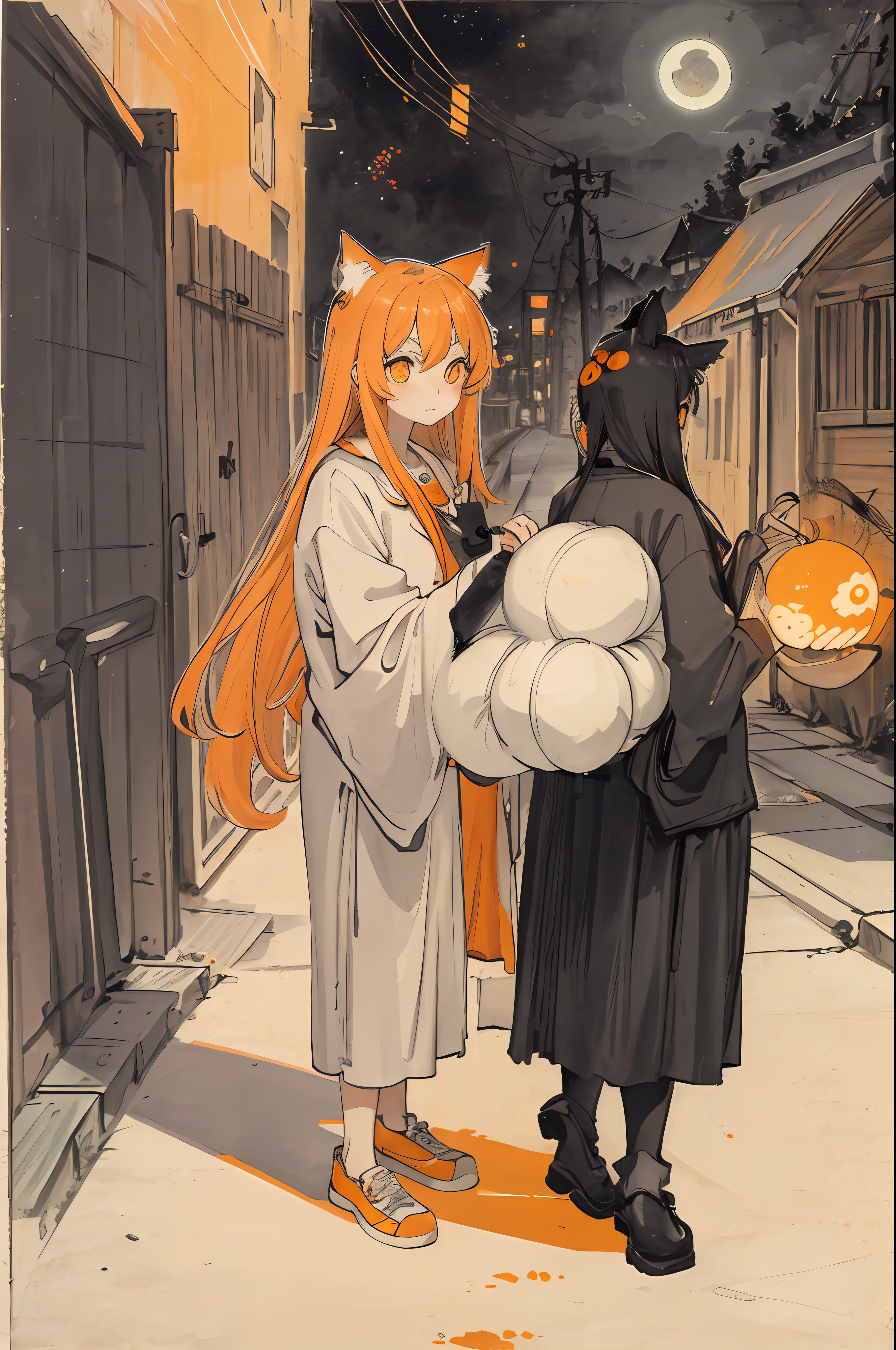 cat,orange,cute,big eyes,masterpiece,full moon,alley