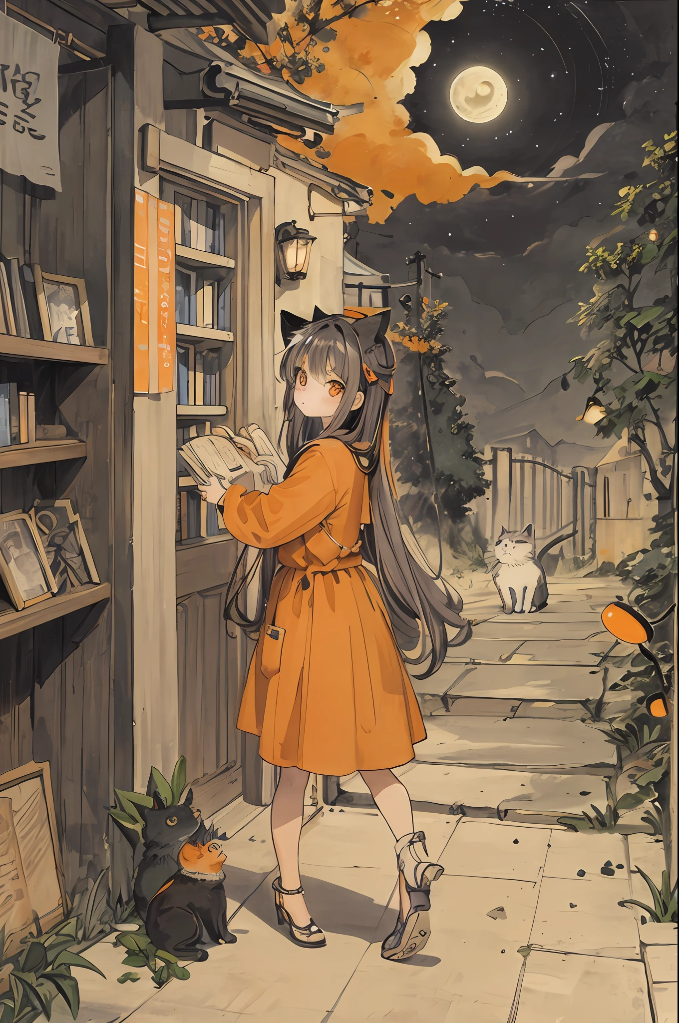 cat, orange, cute, big eyes, masterpiece, full moon, alley, books