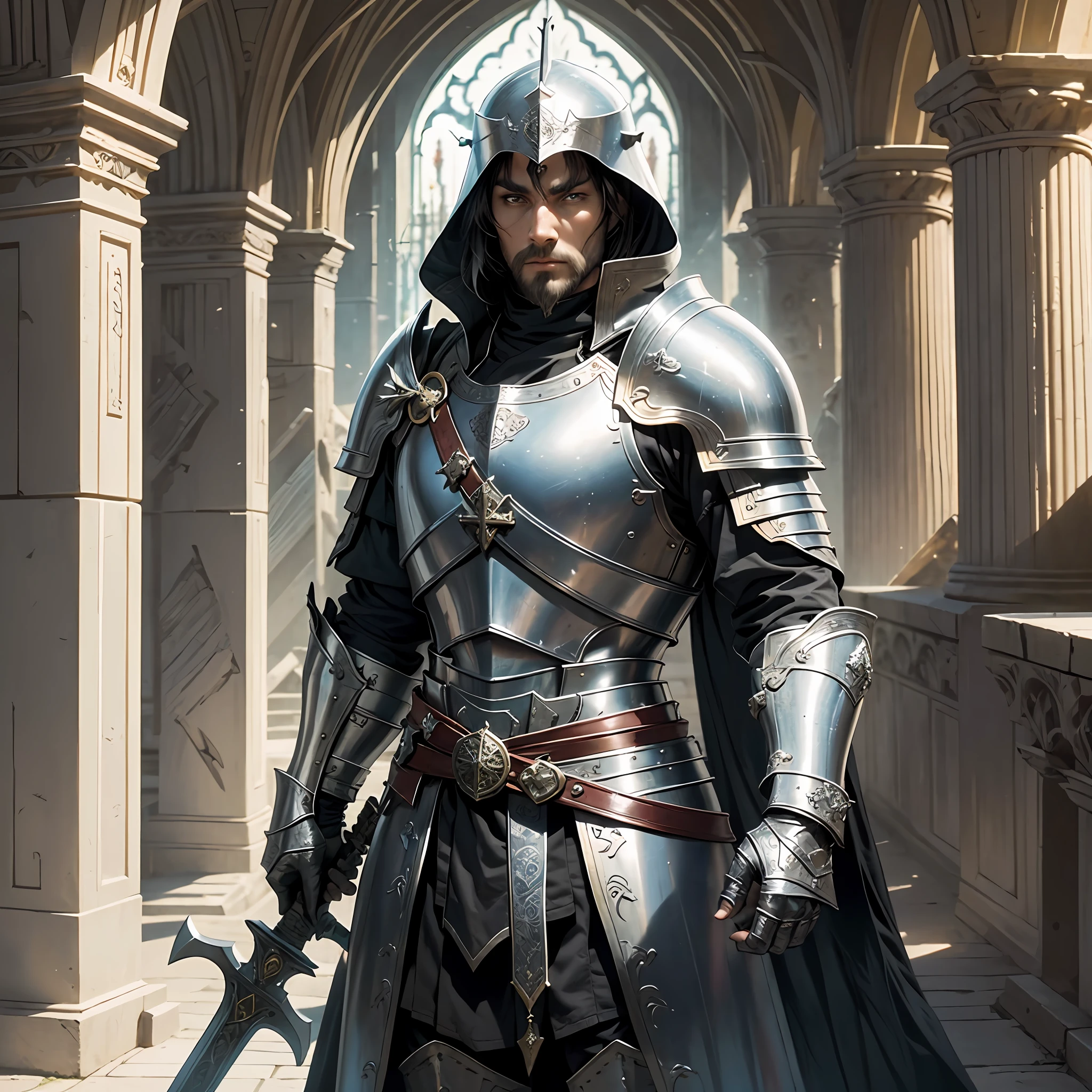 create a medieval templar cleric male human with 30 years muscular old short black hair using a plate armor with a ankle cross in the chest and holding a big large sword dark souls dramatic penetrating eyes in a medieval temple praying --auto --s2