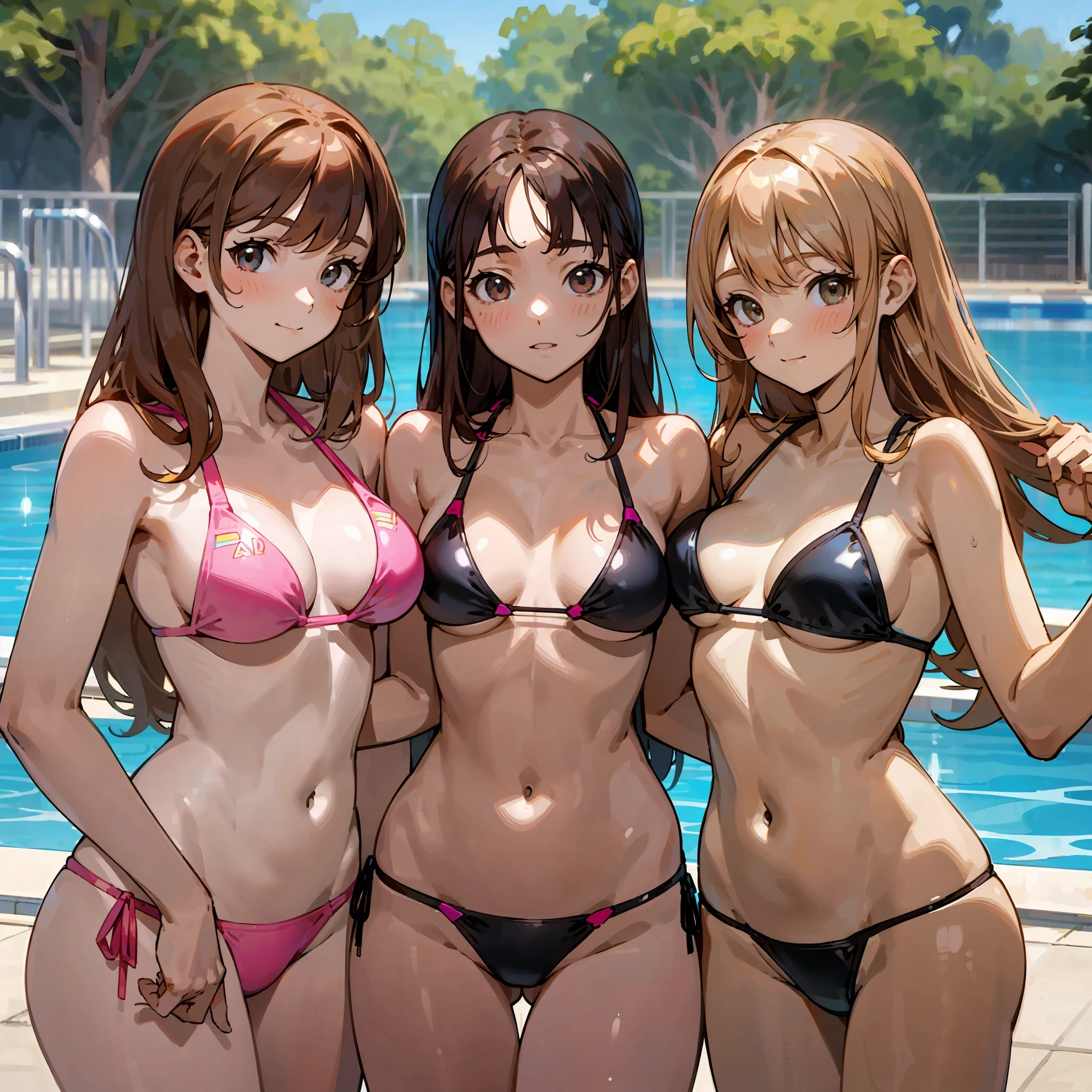 {{Teenage female, caucasian, hundreds of girls, many girls, group shot}}, looking at viewer, hazel eyes, extremely detailed, brown hair, blonde hair, red hair, black hair, pink bikinis, pool, matching bikinis, happy, best quality, high quality, extremely detailed anime screencap