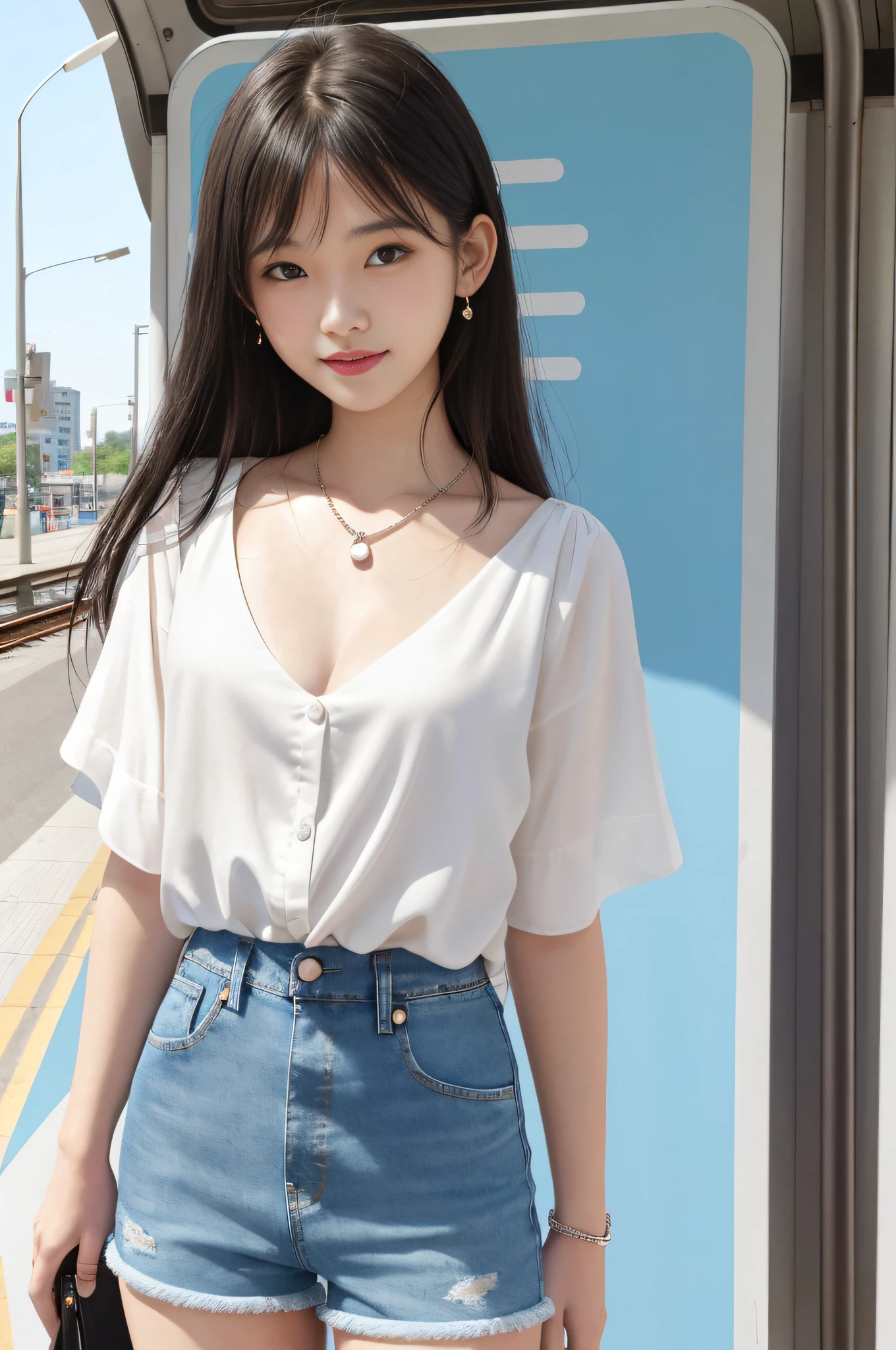 Realistic, textured skin, {best quality}, {highres}, beautiful and charming girl, half body photo, 18 years old, delicate and charming small face, smiling, slender and charming figure, delicate and charming collarbone, sapphire necklace, Air bangs, black hair, bright big eyes, pink lips, double eyelids, deep cleavage, (white silk shirt, sky blue denim shorts), standing in front of the subway station and waiting for the bus, bright background