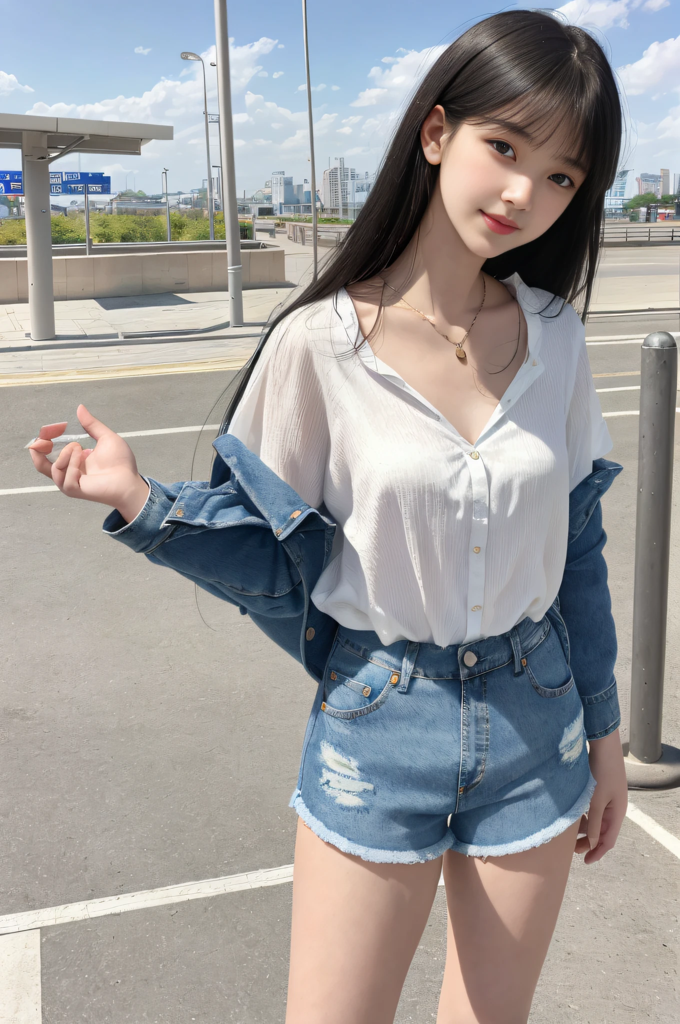 Realistic, textured skin, {best quality}, {highres}, beautiful and charming girl, half body photo, 18 years old, delicate and charming small face, smiling, slender and charming figure, delicate and charming collarbone, sapphire necklace, Air bangs, black hair, bright big eyes, pink lips, double eyelids, deep cleavage, (white silk shirt, sky blue denim shorts), standing in front of the subway station and waiting for the bus, bright background