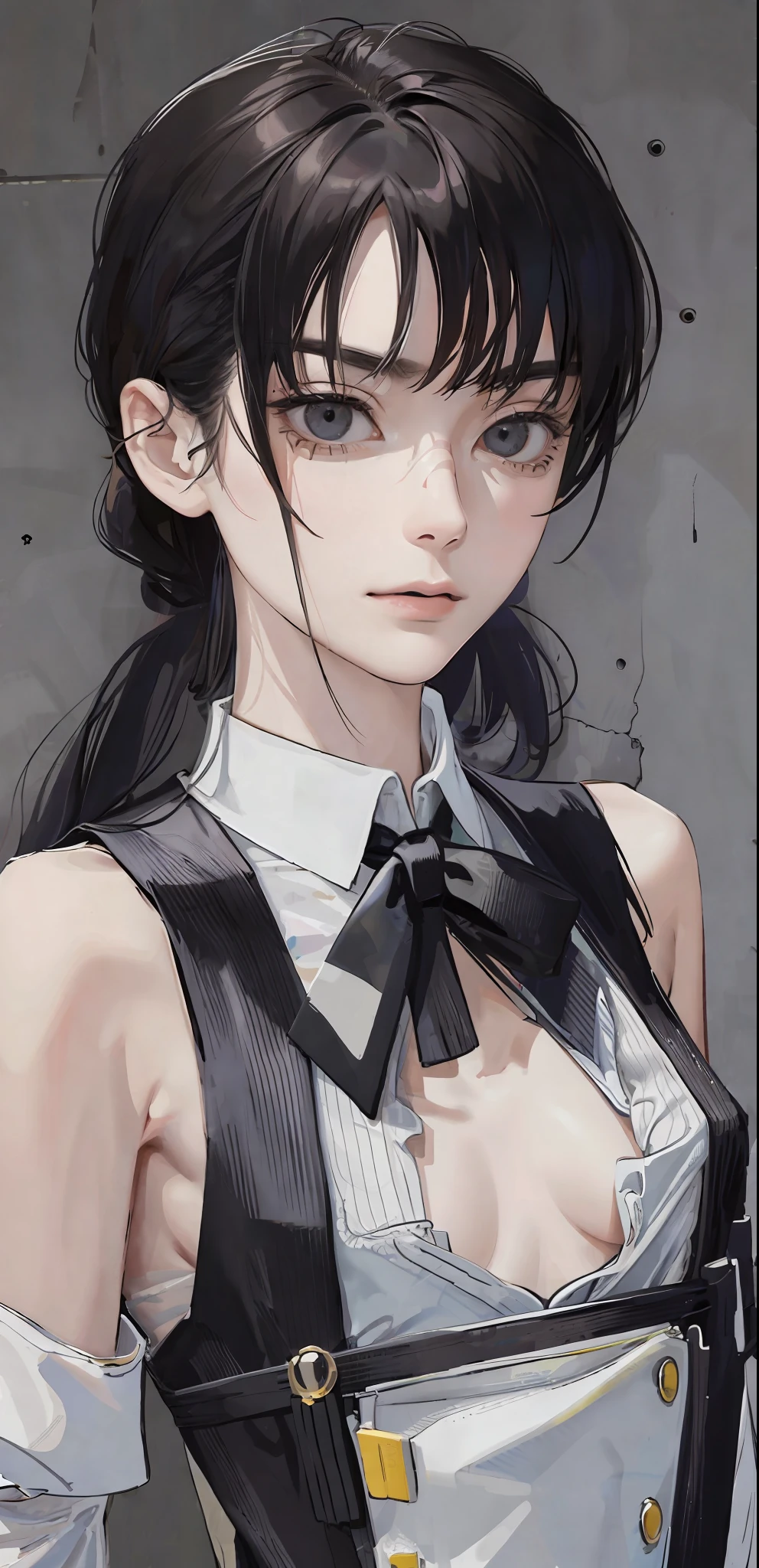 ((masterpiece, best quality)), (1girl), (solo), (female focus), Asa Mitaka \(chainsaw man\),(very detailed face, real image, realistic skin, realistic body, intricate details), upper body, dark eyes, looking at the viewer, bandages over the body, black hair, far sleeve shirt, pinaforee dress, black tie, bandages, bandages, bandages, small breasts