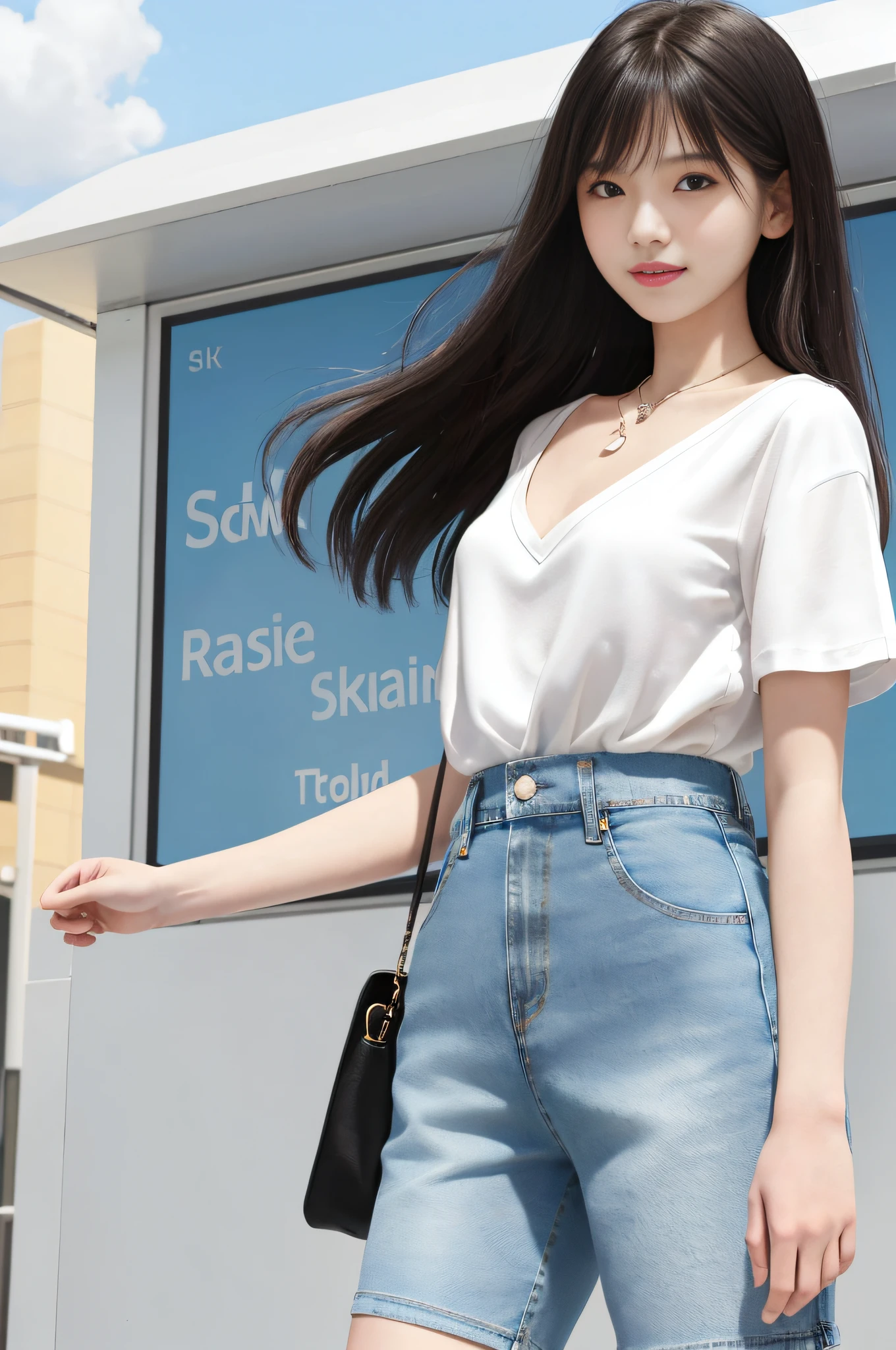 Realistic, textured skin, {best quality}, {highres}, beautiful and charming girl, half body photo, 18 years old, delicate and charming small face, smiling, slender and charming figure, delicate and charming collarbone, sapphire necklace, Air bangs, black hair, bright big eyes, pink lips, double eyelids, deep cleavage, (white silk shirt, sky blue denim shorts), standing in front of the subway station and waiting for the bus, bright background