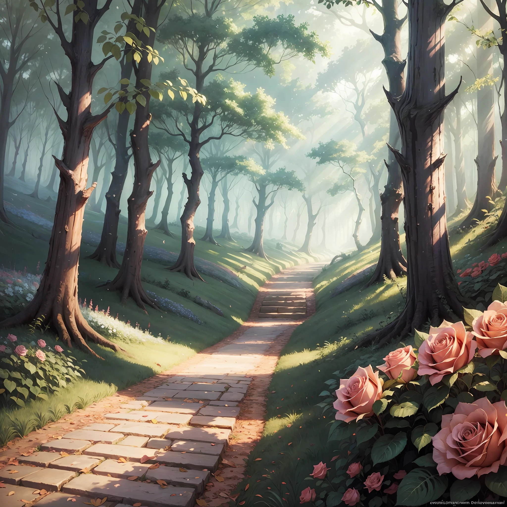 enchanted forest, hd, very detailed, rose flowers, aesthetic art --auto --s2