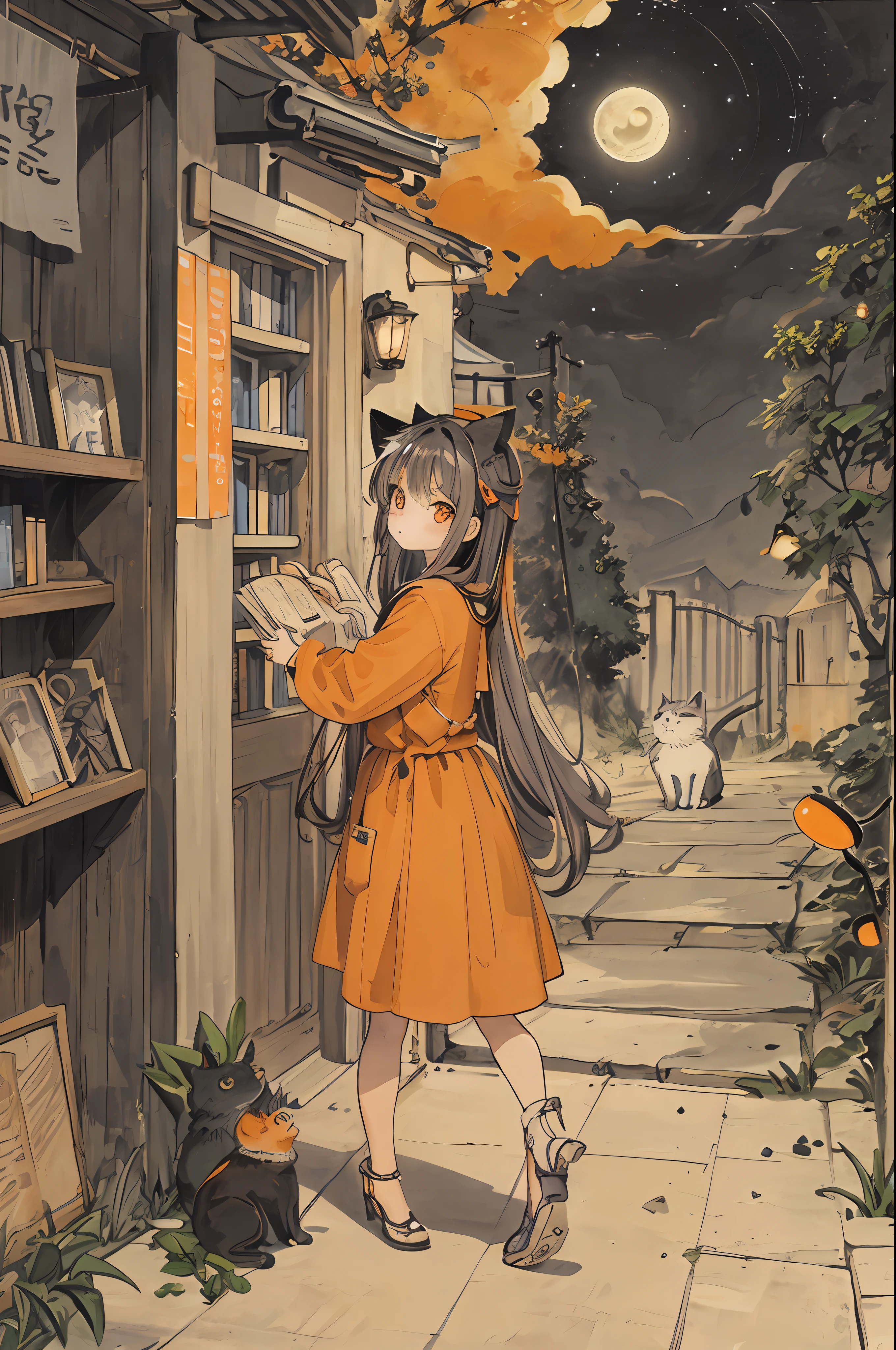 cat, orange, cute, big eyes, masterpiece, full moon, alley, books