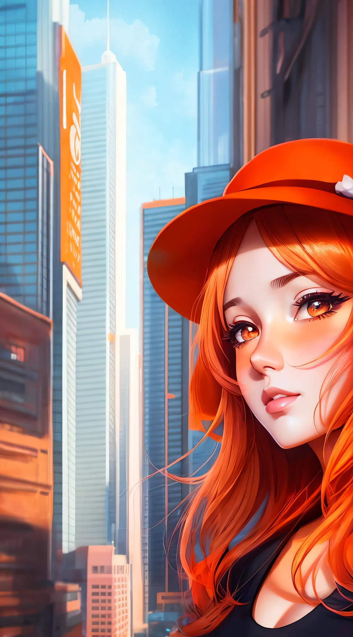 there is a woman in a hat and orange shirt standing in front of a city, adorable digital painting, stunning digital illustration, realistic anime 3 d style, low detailed. digital painting, urban girl fanart, gorgeous digital painting, digital art ilya kuvshinov, digital anime illustration, cartoon digital painting, rossdraws 1. 0, beautiful digital illustration, beautiful digital painting