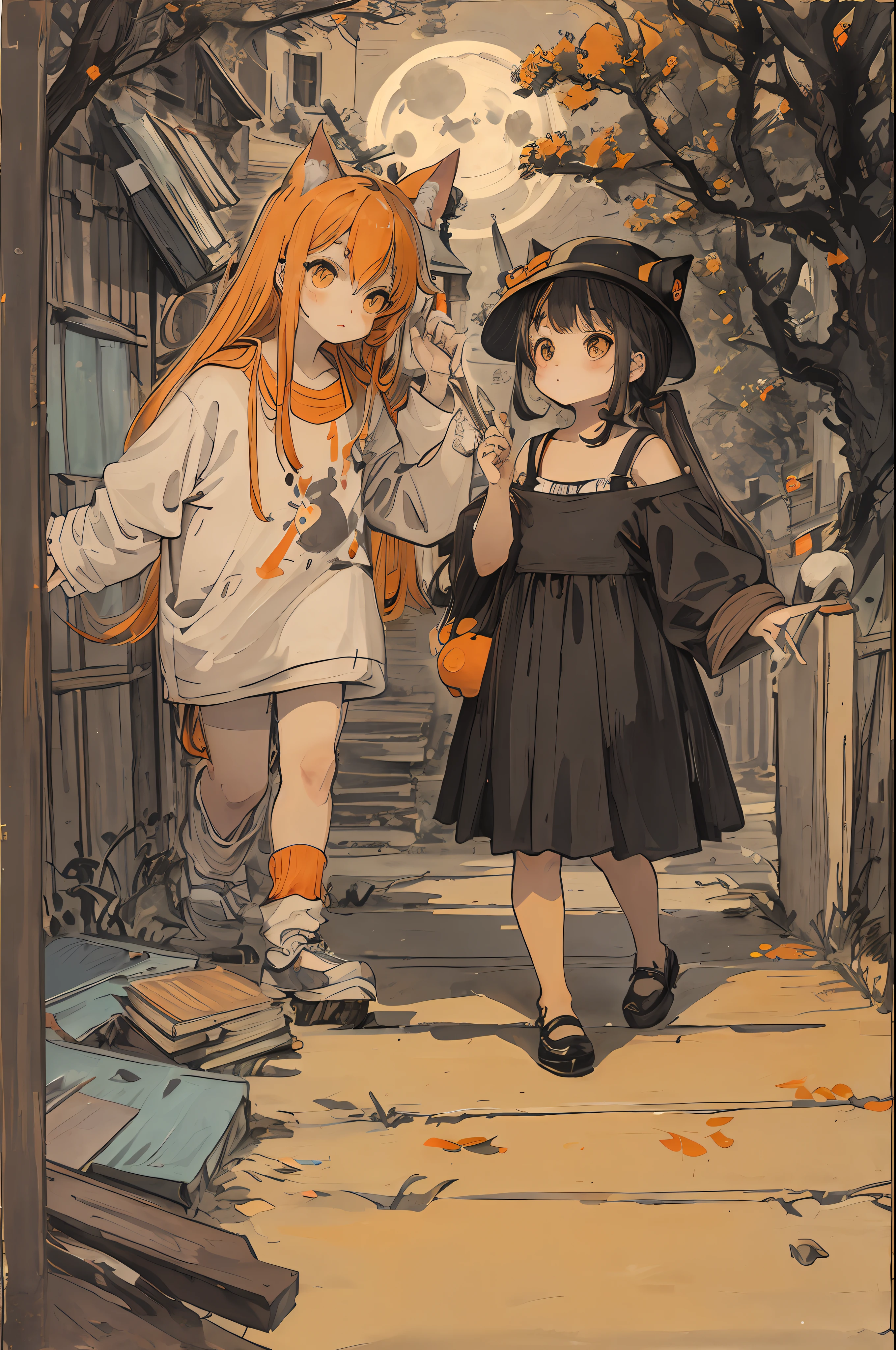 cat, orange, cute, big eyes, masterpiece, full moon, alley, books