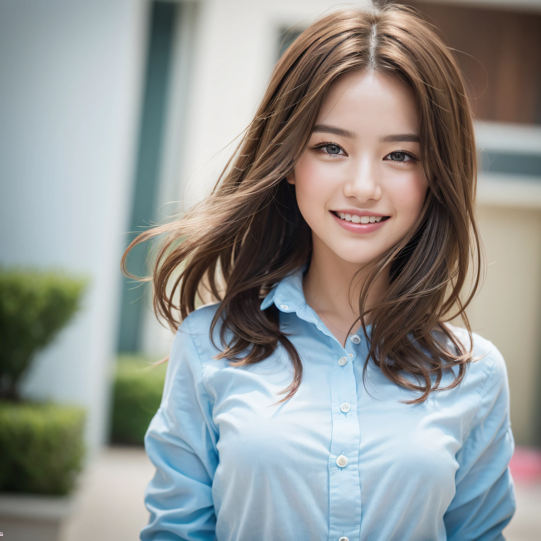 (Realistic, Photorealistic: 1.37), (8k, RAW Photo, Best Quality, Masterpiece: 1.2), Cute, Ultra Detailed, Heart-Shaped Pupil, Physically Based Rendering, Ultra High Resolution, Kodak Vision Color, Shot with Arricam LT Camera, Bokeh, Sharp Focus, Viewers See, Photorealistic, Realistic, Solo, Photorealistic, top quality, highly detailed face, highly detailed eyes and face, beautiful detailed eyes, absurdity, incredibly absurd, unforgettable smile, messy hair, floating hair, standing figure, body conscious,