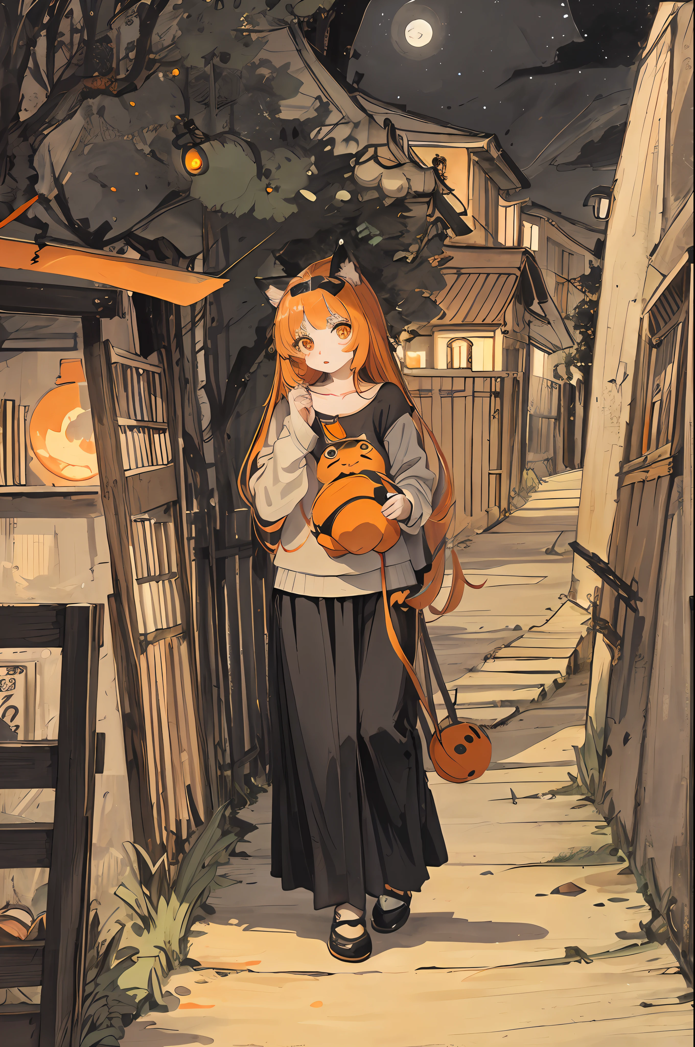 cat, orange, cute, big eyes, masterpiece, full moon, alley, books