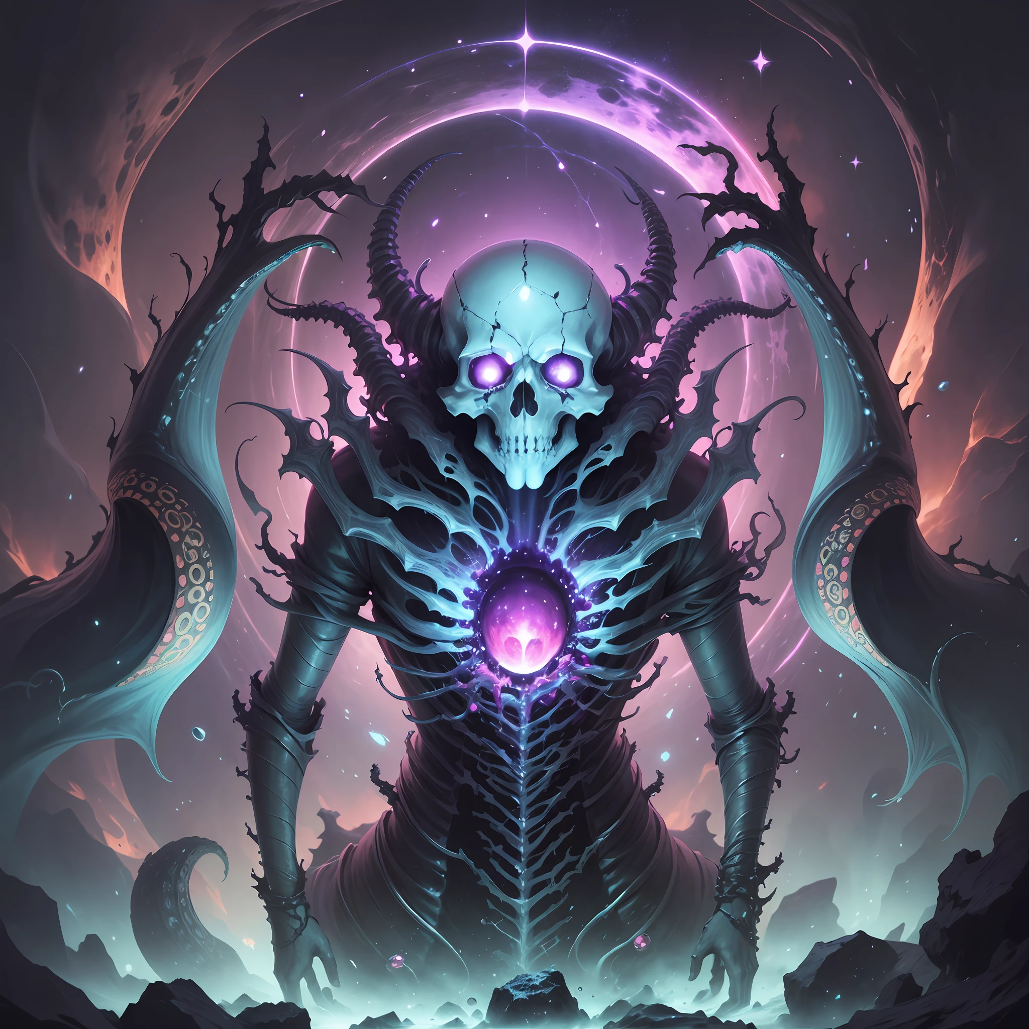 COVER FOR YOUTUBE CHANNEL, COSMIC HORROR THEME, COSMIC HORROR CREATURE PIECES, MANY TENTACLES COMING OUT OF FLESH, BONES, SKULL, --auto --s2