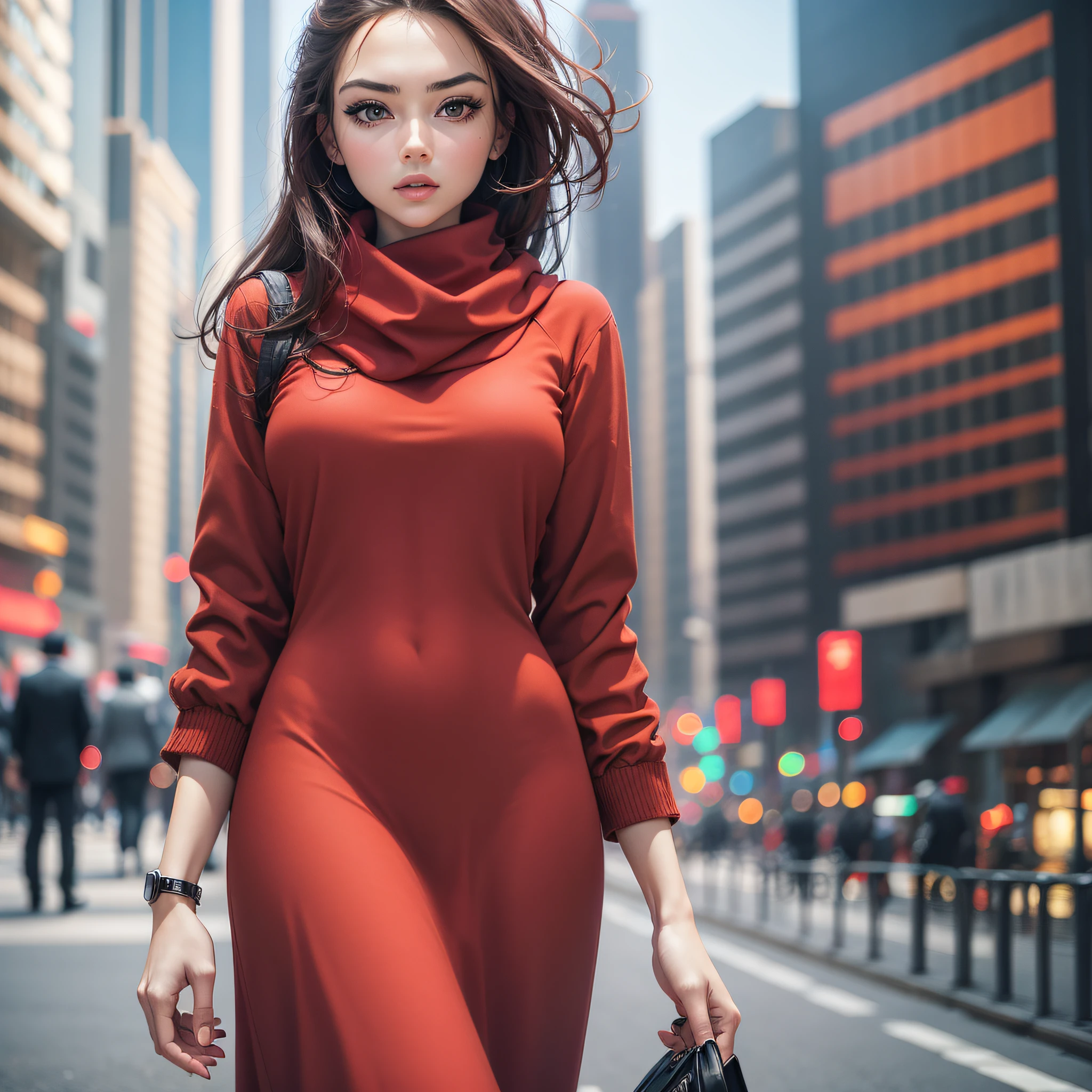 Women, red, younger, big eyes, masterpieces, skyscrapers, streets --auto --s2