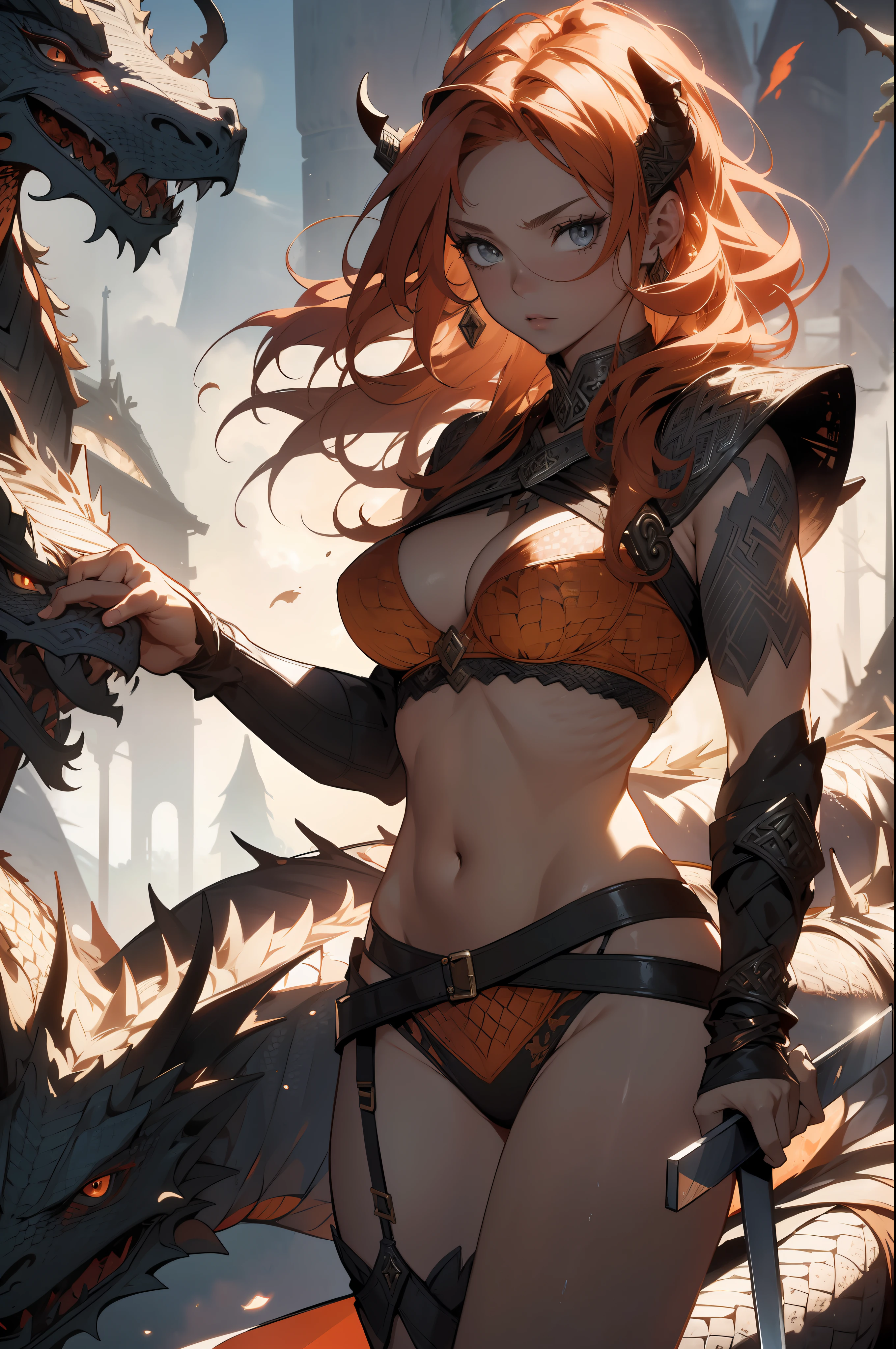 ((Ana de Armas)), Beautiful full-bodied woman, 30 years old, muscular and perfect body, (((Viking warrior))), long dark orange hair with moths and with little clothing, tiny , ((( made of dragon scales))), holding the severed head of a demon, large , generous neckline, ((holding a bloody Nordic sword)), splashed blood on the body, brave face,  Dark kingdom,  pose, walking in a wilderness, active volcano in the background, medieval era