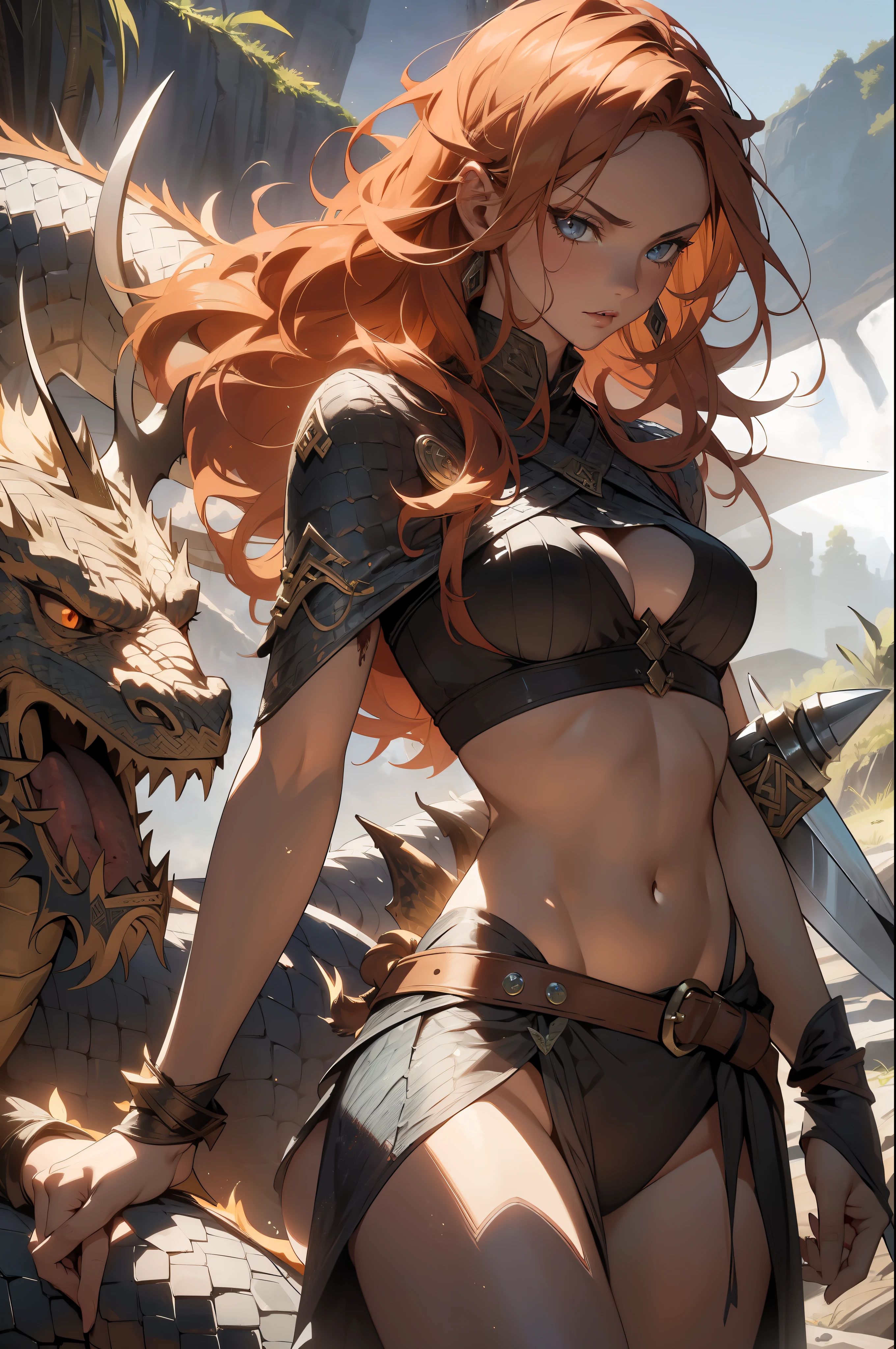 ((Ana de Armas)), Beautiful full-bodied woman, 30 years old, muscular and perfect body, (((Viking warrior))), long dark orange hair with moths and with little clothing, tiny thong, (((bra made of dragon scales))), holding the severed head of a demon, large breasts, generous neckline, ((holding a bloody Nordic sword)), splashed blood on the body, brave face, Dark kingdom, sexy pose, walking in a wilderness, active volcano in the background, medieval era