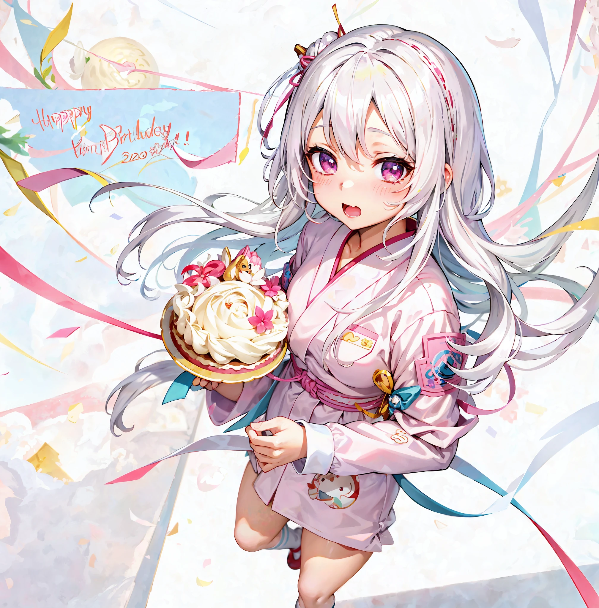 anime girl holding a cake with a lot of frosting on it, holding a birthday cake, haruno sakura, eating cakes, white haired deity, render of april, (anime girl), cake in hand, girl with white hair, wataru kajika, ( ( ( yoshinari yoh ) ) ), happy birthday, made with anime painter studio, celebrating a birthday