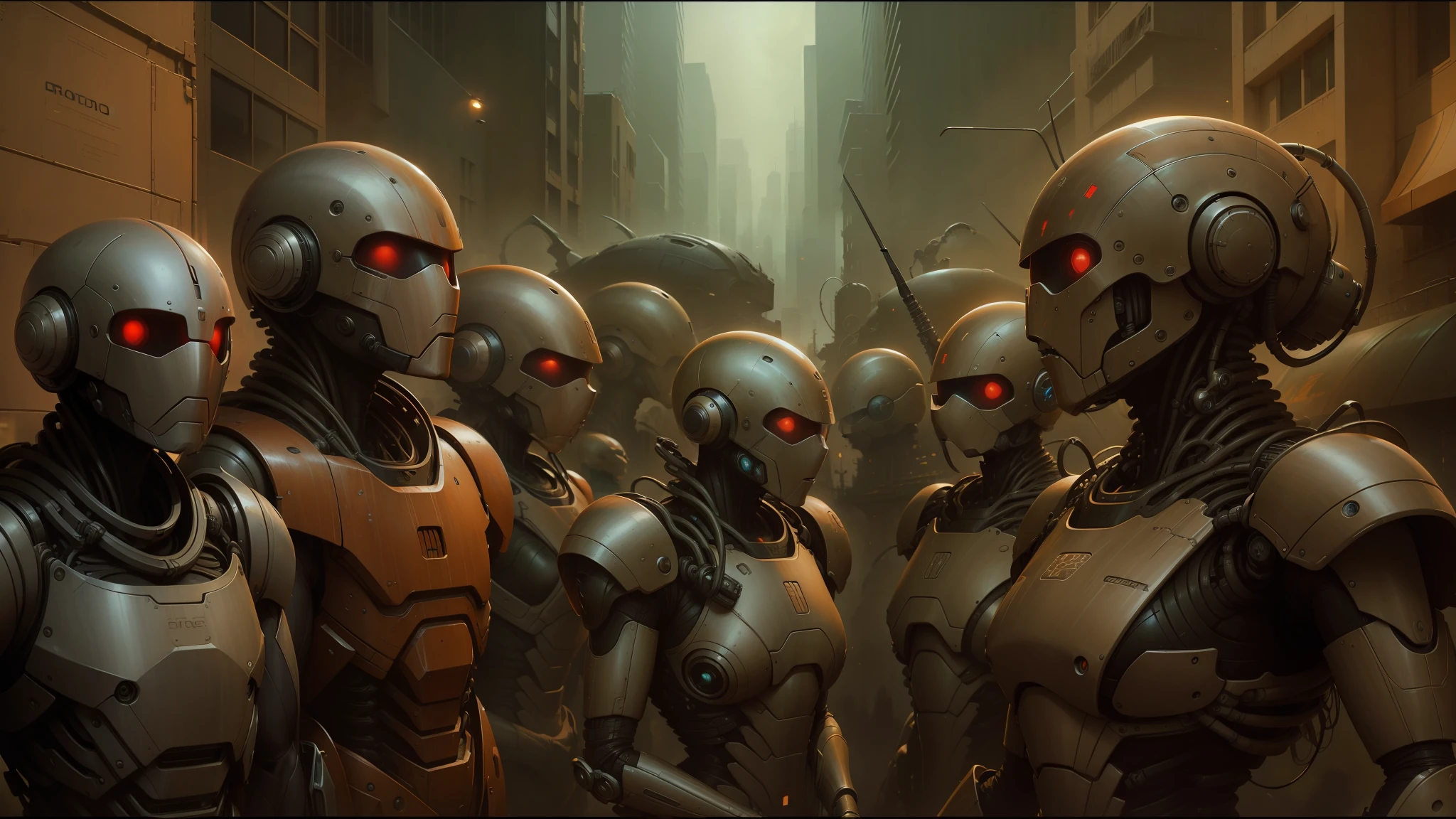 there are many robots standing in a row in a city, peter gric and dan mumford, craig mullins nekro, by Peter Gric, style of jim burns, inspired by Stephan Martiniere, cgsociety ), cybernetic civilizations, cybernetic civilisations, fractalpunk, award winning scifi art, by Ian Miller --auto --s2
