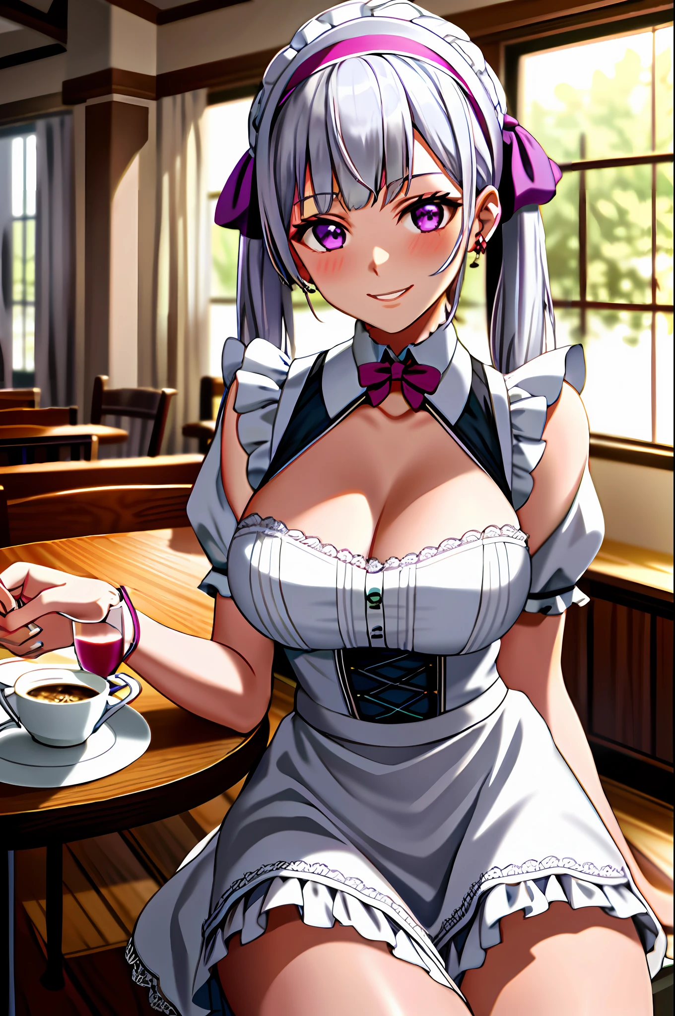 1girl, cowboy shot, beautiful noelle_silva, long hair, alternate hair, low twintails, hair clip, bangs, earring, jewelry, silver hair, purple eyes, maid_dress, maid dress, stocking, naid hairband, white hairband, cleavage, water, medium breast ,smile, room, indoors, cafe, food, table, chair, drink, front light, volumetric lighting, best quality, masterpiece, intricate details, tonemapping, sharp focus, hyper detailed, blush, sexy pose, sitting,