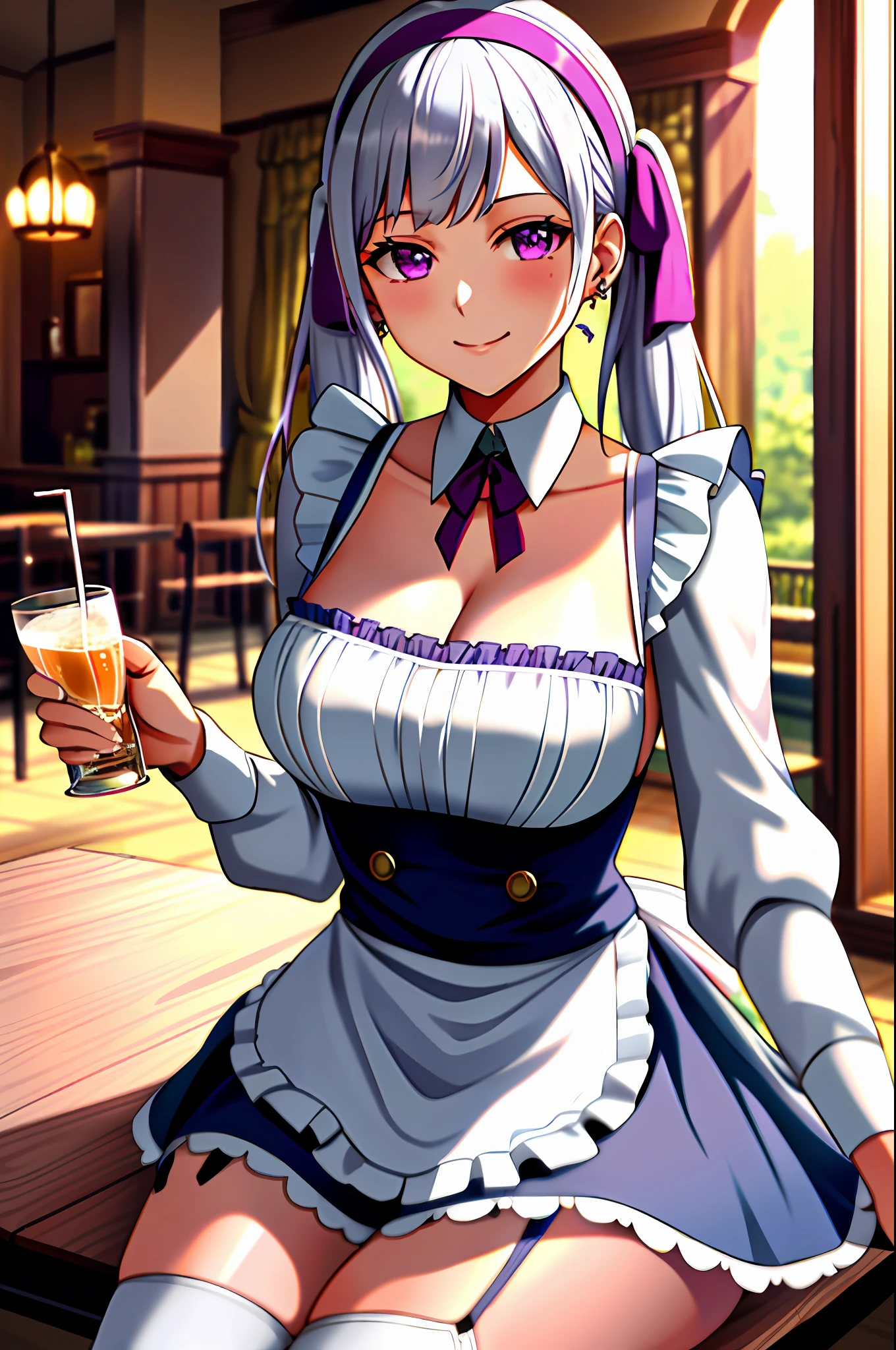 1girl, cowboy shot, beautiful noelle_silva, long hair, alternate hair, low twintails, hair clip, bangs, earring, jewelry, silver hair, purple eyes, maid_dress, maid dress, stocking, naid hairband, white hairband, cleavage, water, medium breast ,smile, room, indoors, cafe, food, table, chair, drink, front light, volumetric lighting, best quality, masterpiece, intricate details, tonemapping, sharp focus, hyper detailed, blush, sexy pose, sitting,