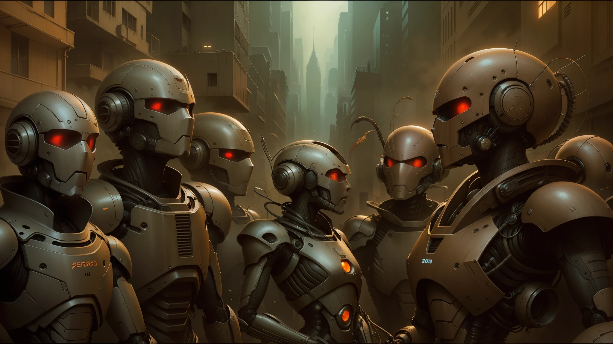 there are many robots standing in a row in a city, peter gric and dan mumford, craig mullins nekro, by Peter Gric, style of jim burns, inspired by Stephan Martiniere, cgsociety ), cybernetic civilizations, cybernetic civilisations, fractalpunk, award winning scifi art, by Ian Miller --auto --s2