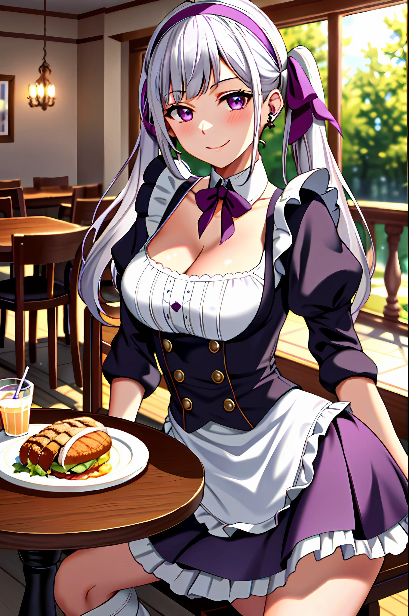 1girl, cowboy shot, beautiful noelle_silva, long hair, alternate hair, low twintails, hair clip, bangs, earring, jewelry, silver hair, purple eyes, maid_dress, maid dress, stocking, naid hairband, white hairband, cleavage, water, medium breast ,smile, room, indoors, cafe, food, table, chair, drink, front light, volumetric lighting, best quality, masterpiece, intricate details, tonemapping, sharp focus, hyper detailed, blush, sexy pose, sitting,