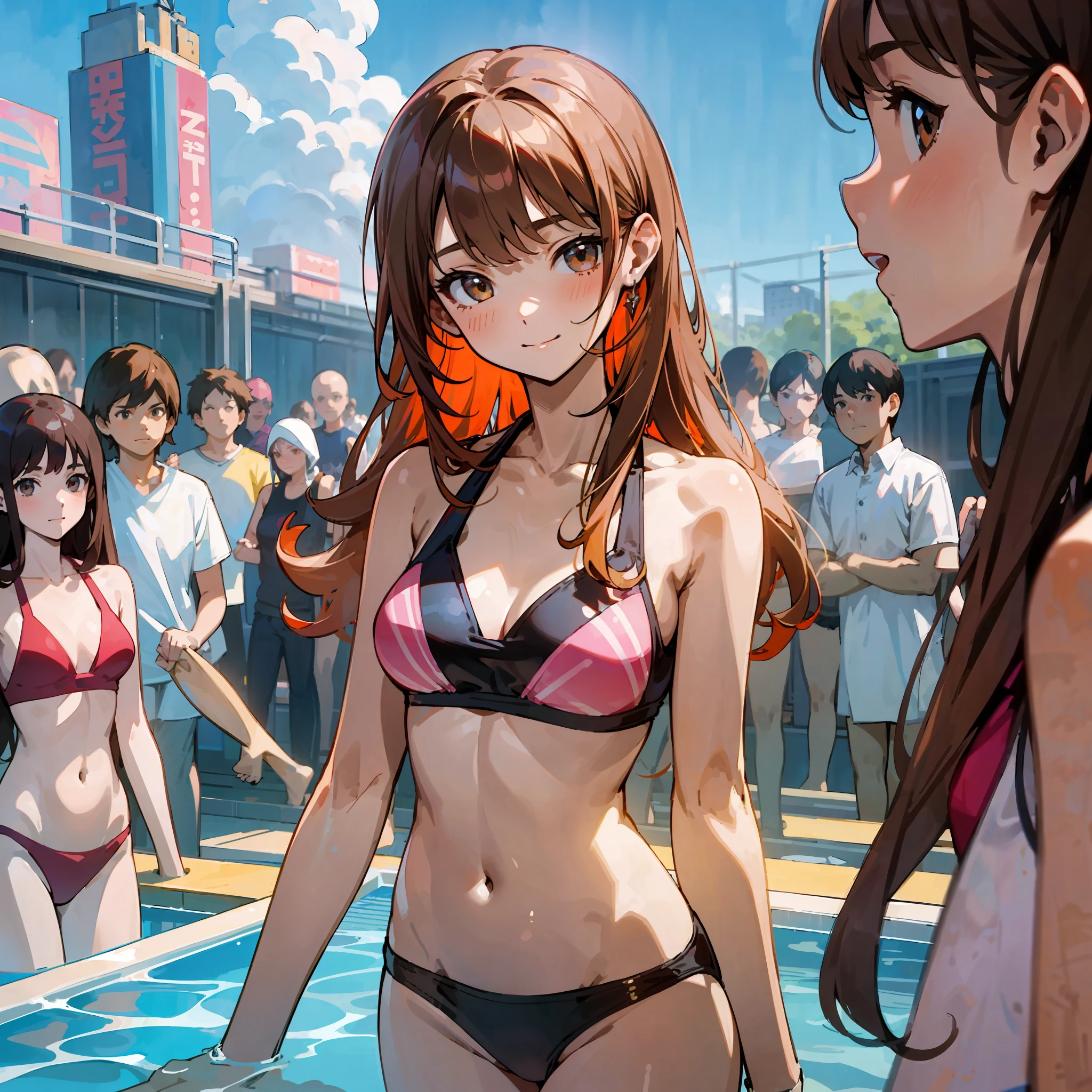 {{age female, caucasian, hundreds of girls, many girls, crowd shot}}, looking at viewer, hazel eyes, extremely detailed, brown hair, blonde hair, red hair, black hair, pink bikinis, pool, matching bikinis, crowd of girls, happy, best quality, high quality, extremely detailed anime screencap