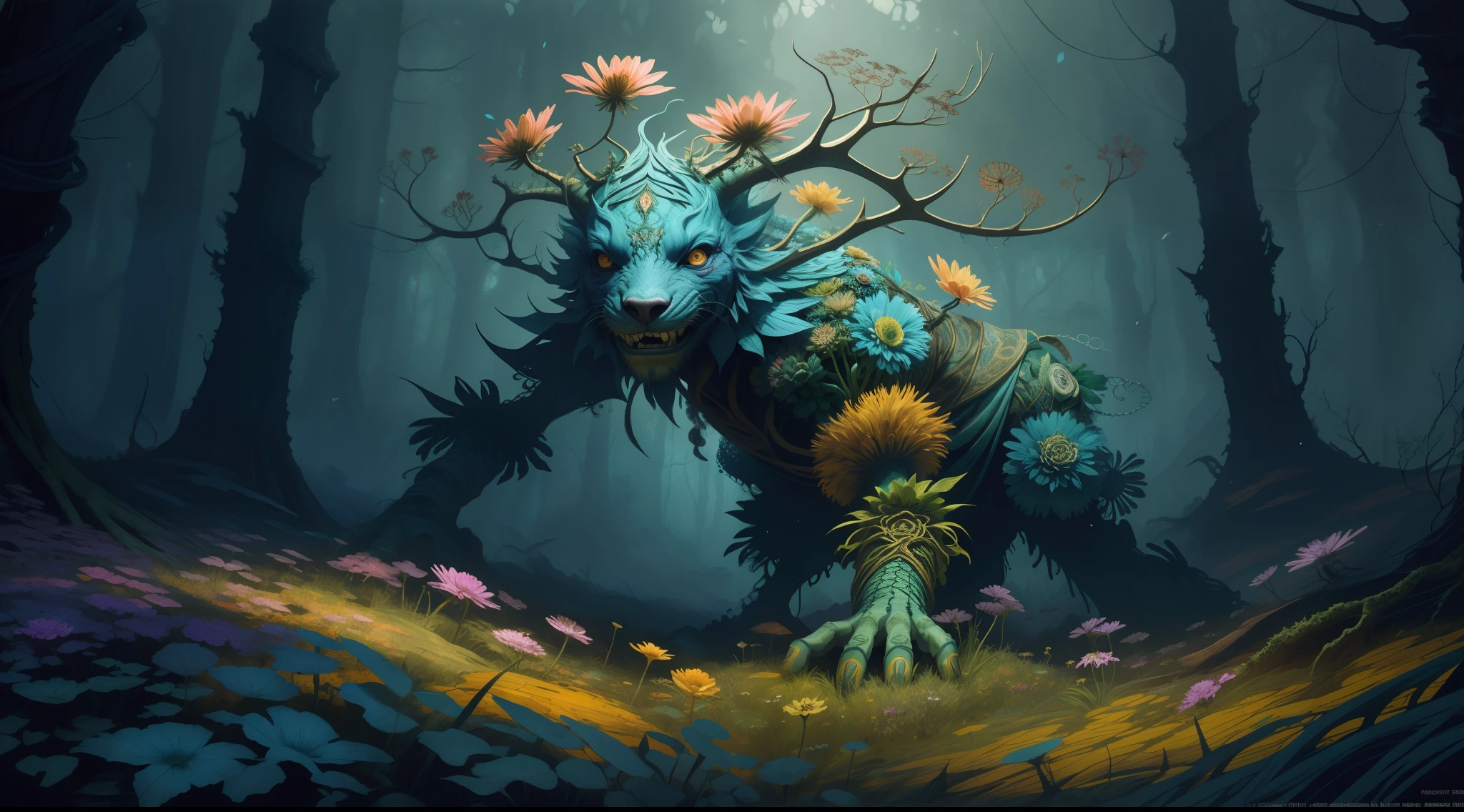 horror art, fear, unified 8k wallpaper, super detailed, beauty and aesthetics, masterpiece, best quality, (zentangle, mandala, tangles, entanglements), 1girl, (shimmering tulle earth tones intricate flower woven robes: 1.2), deep and rich black shadows, (up close from the side: 1.1), Mother Earth, smiling, enchanting whimsical fantasy forest background, happiness, enchanting atmosphere, very detailed, dynamic angle, cowboyshot, the most beautiful chaotic forms, elegance, fauvist design, bright colors, romanticism, by James Jean, Robbie Devi Antonio, Ross Tran, Francis Bacon, Michal Mraz, Adrian Gaini, Petra Koreit, Gerhard Richter, Takashi Yamamoto, Ashley Wood, Atmospheric
