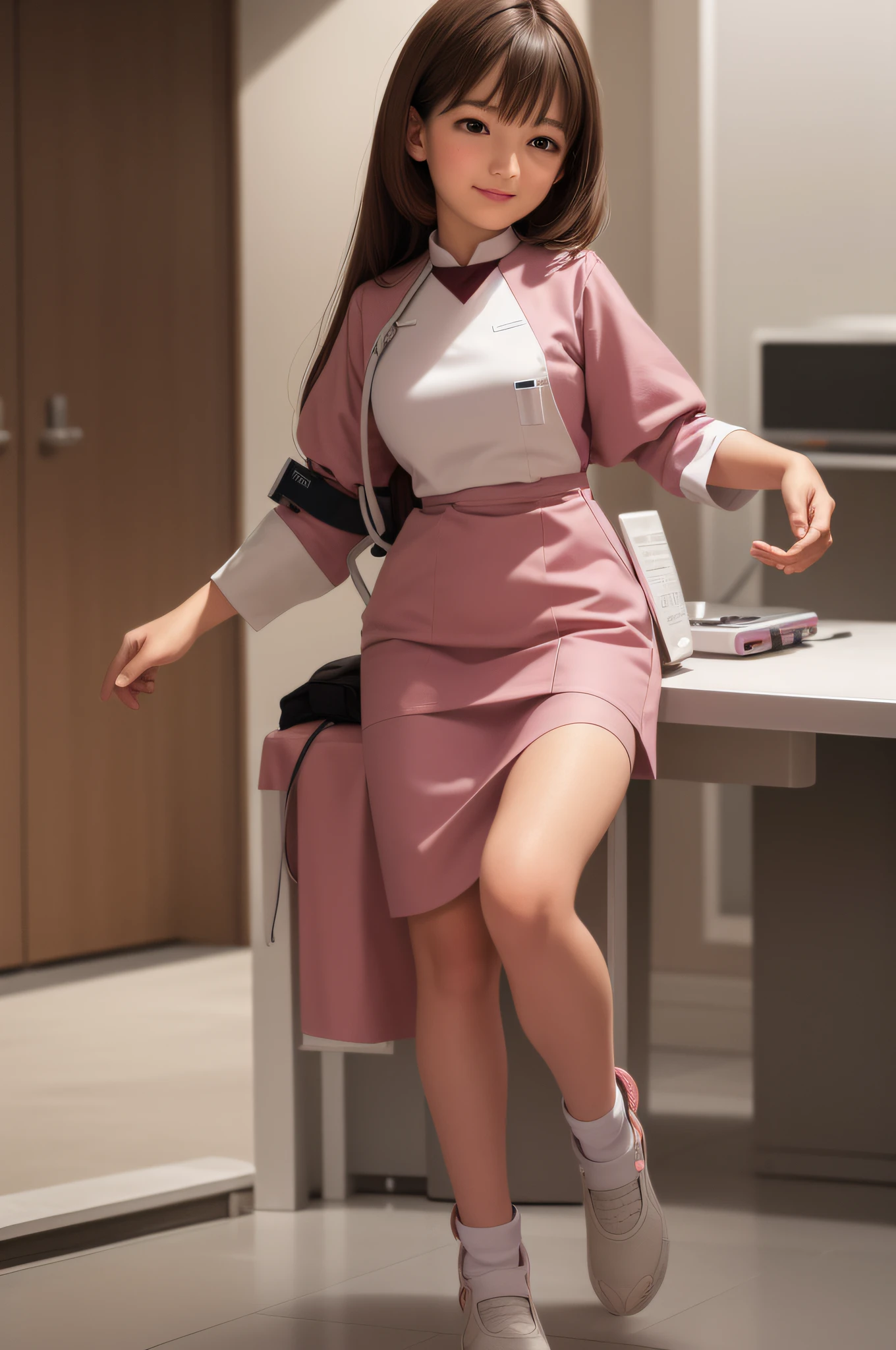 high quality, realistic, photography, human, masterpiece, brown hair, brown eyes, talking, laughing face, lone nurse, white and light pink uniform, half-sleeved, full-body, student practice