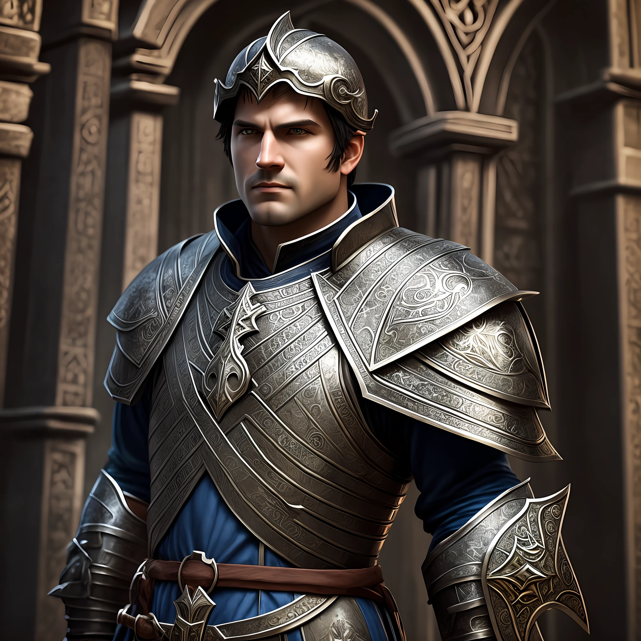 ilustrate portrait 3d create a medieval templar cleric male human with 30 years muscular old short black hair using a plate armor no helmet with a egipcyan cross in the chest and holding a big large sword dark souls dramatic penetrating eyes in a medieval temple praying --auto --s2