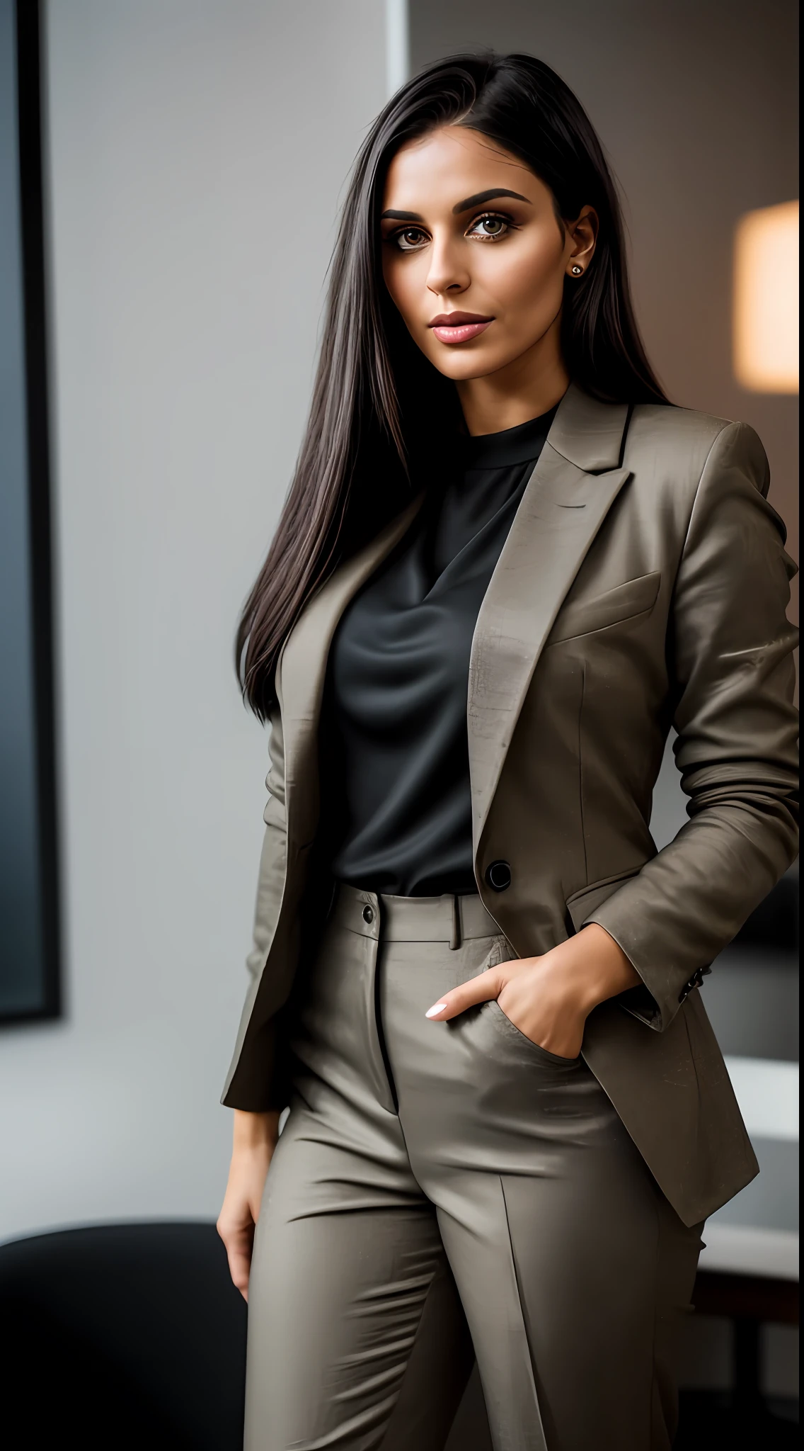 dark and gloomy, 8k, closeup photo of a 30-year-old brunette Brazilian businesswoman, (realistic dark brown straight hair), dark background at night, makeup, nude lips, dark eyes, (wearing tailoring blazer, black blouse, black straight tailoring pants, closed clothes), front view, in an elegant office looking very serious facing the viewer, dynamic pose, hyper realistic,{extremely beautiful olive skin}, (highly detailed skin: 1.2) {{{masterpiece}}}, realistic texture, dynamic composition, Fujifilm XT2, 85mm F1.2, shutter speed 1/80, (bokeh), high contrast