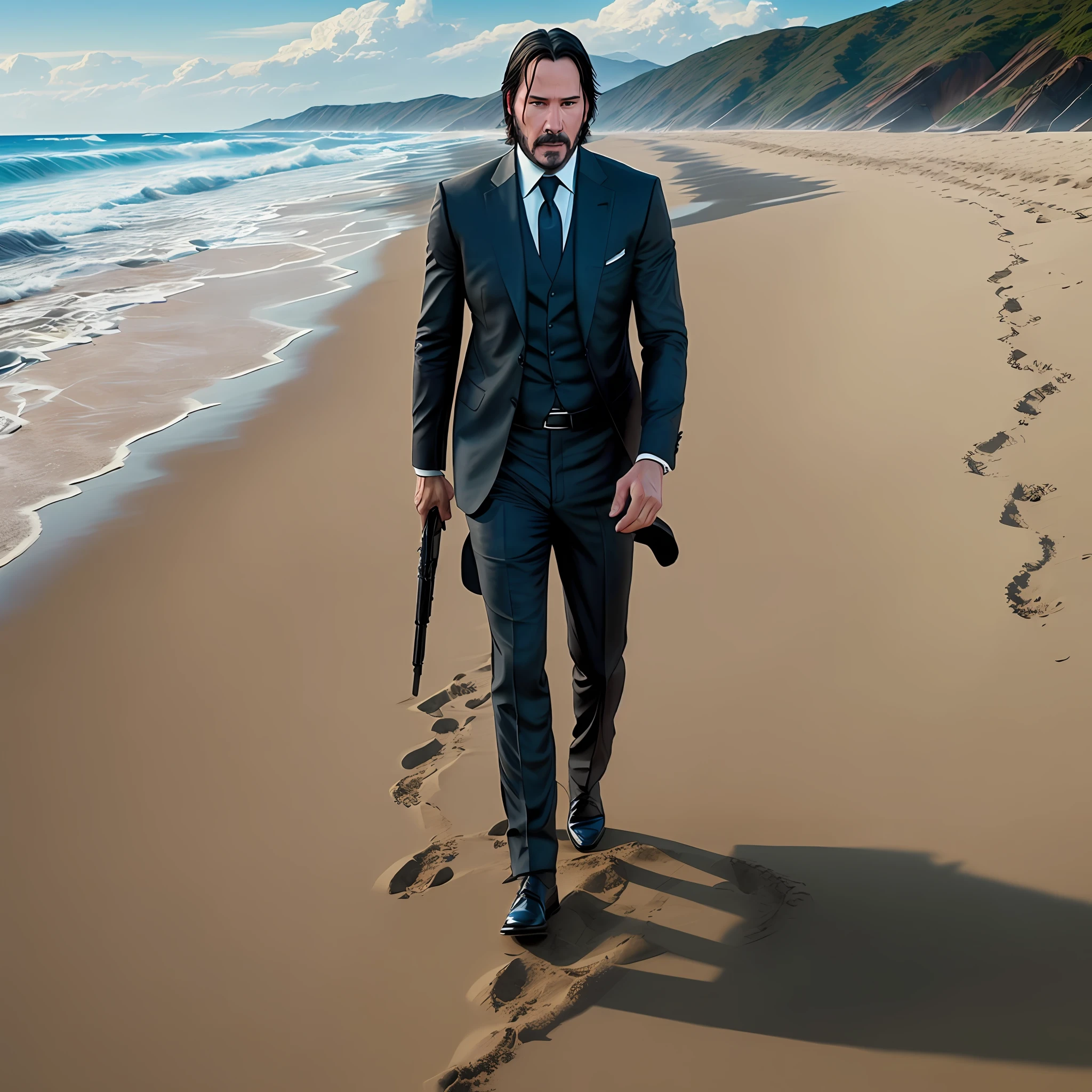 John Wick (Keanu Reeves) realistic, walking on the beach sand --auto --s2