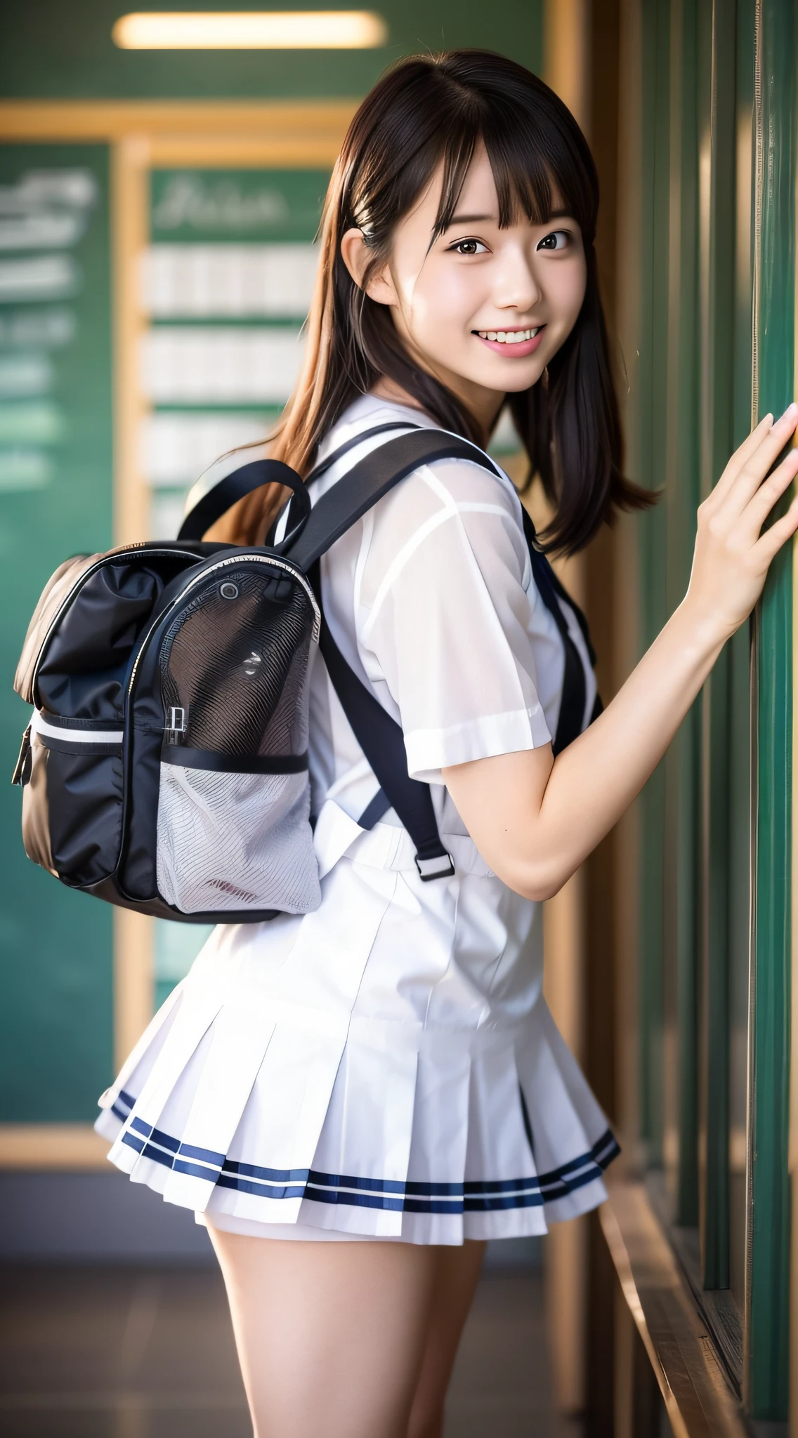 masterpiece, top quality, high resolution, from behind, brown eyes, dull bangs, Japan schoolgirl uniform, sheer white panties, socks, loafers, carrying school bag, school bag, school bag, looking at camera, smile, looking down, open mouth and stick out tongue, (dress lift: 1.7),(chest out: 1.9), showing off panties, Japan model, young, cute, beauty, classroom, blackboard