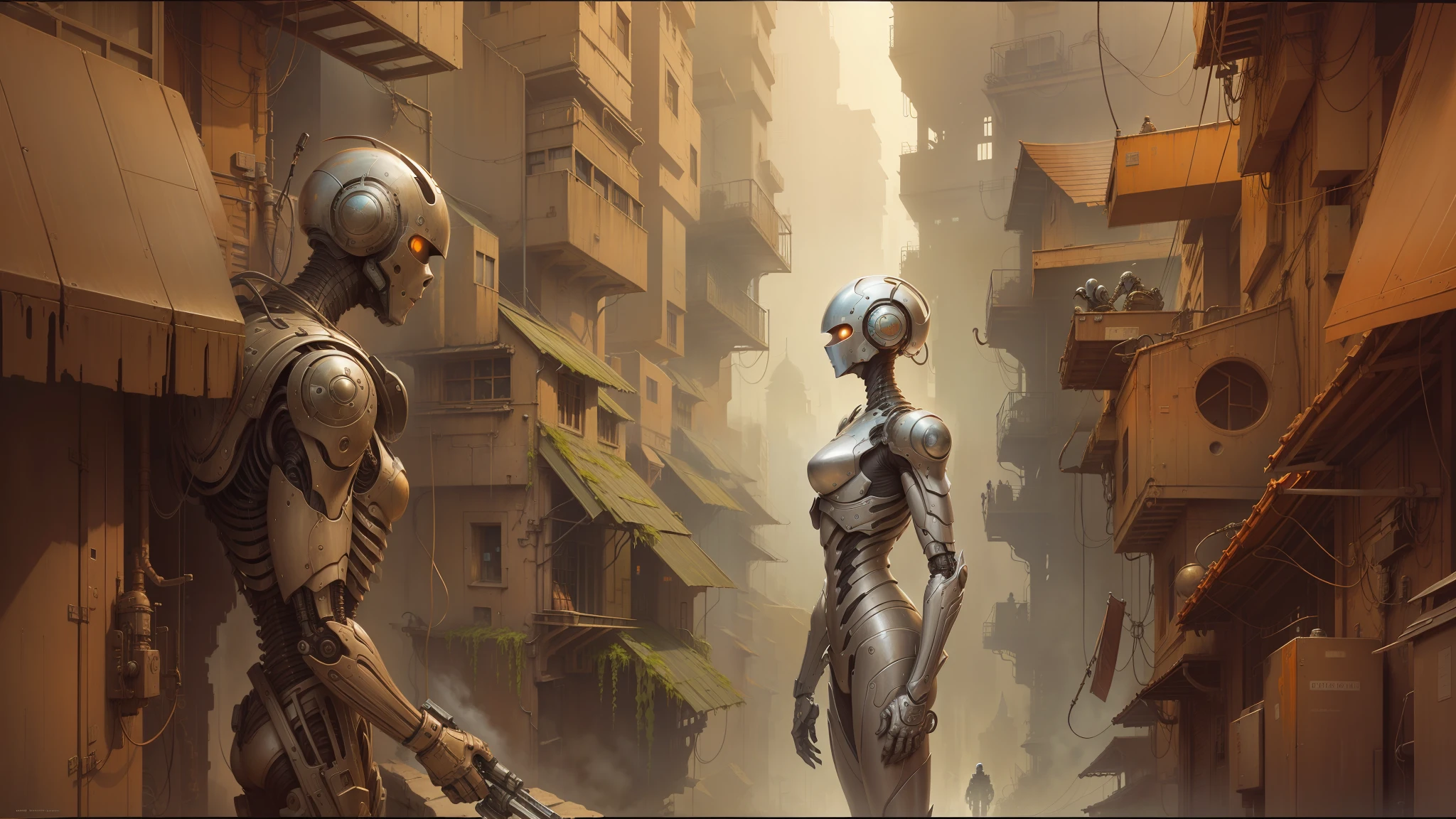 there is a robot that is standing in a narrow alley, peter gric and dan mumford, craig mullins nekro, by Peter Gric, style of jim burns, inspired by Stephan Martiniere, cgsociety ), cybernetic civilizations, cybernetic civilisations, fractalpunk, award winning scifi art, by Ian Miller --auto --s2