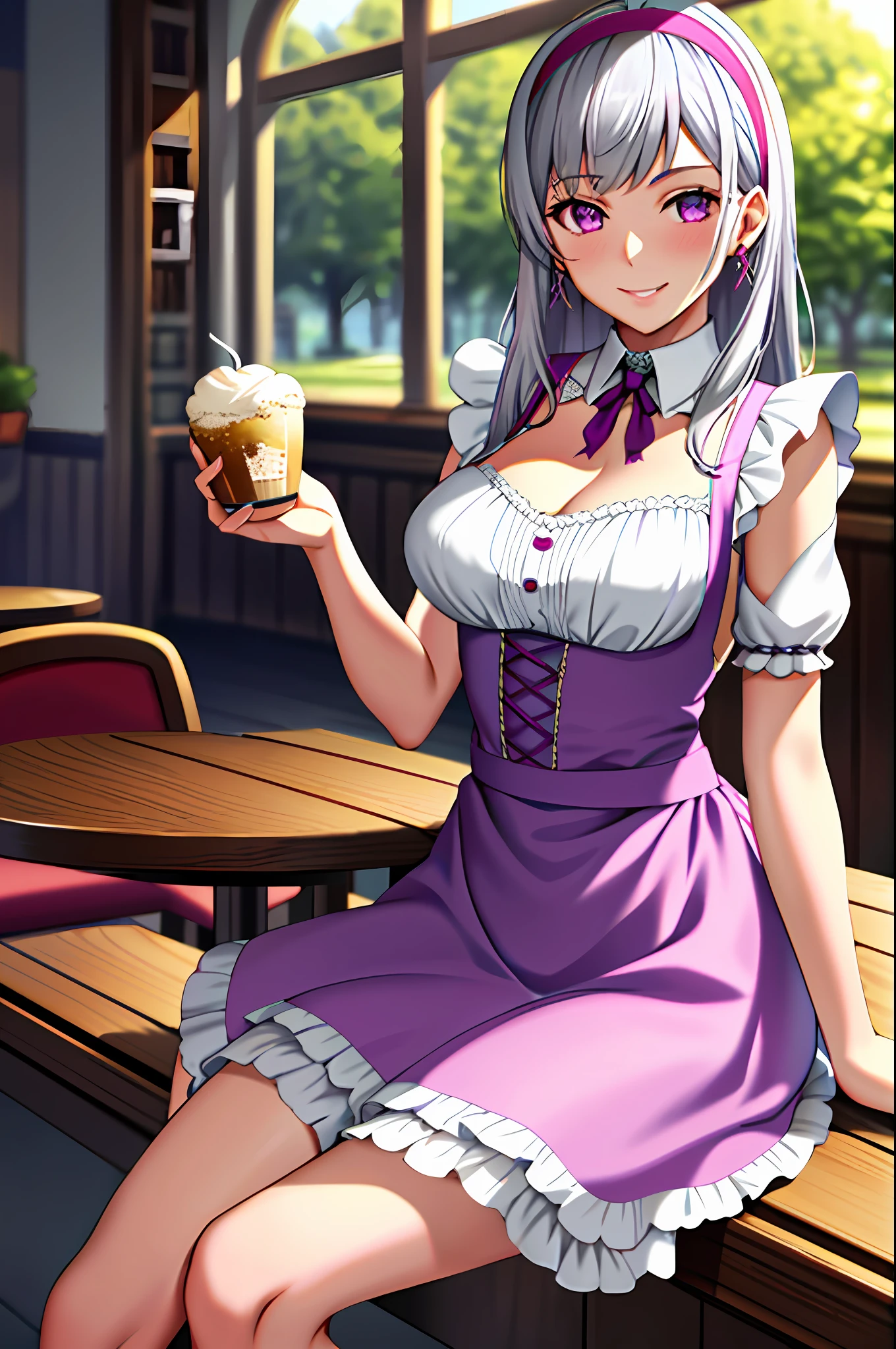 1girl, cowboy shot, beautiful noelle_silva, long hair, alternate hair, hair clip, bangs, earring, jewelry, silver hair, purple eyes, maid_dress, maid dress, stocking, naid hairband, white hairband, cleavage, water, medium breast ,smile, room, indoors, cafe, food, table, chair, drink, front light, volumetric lighting, best quality, masterpiece, intricate details, tonemapping, sharp focus, hyper detailed, blush, sexy pose, sitting,