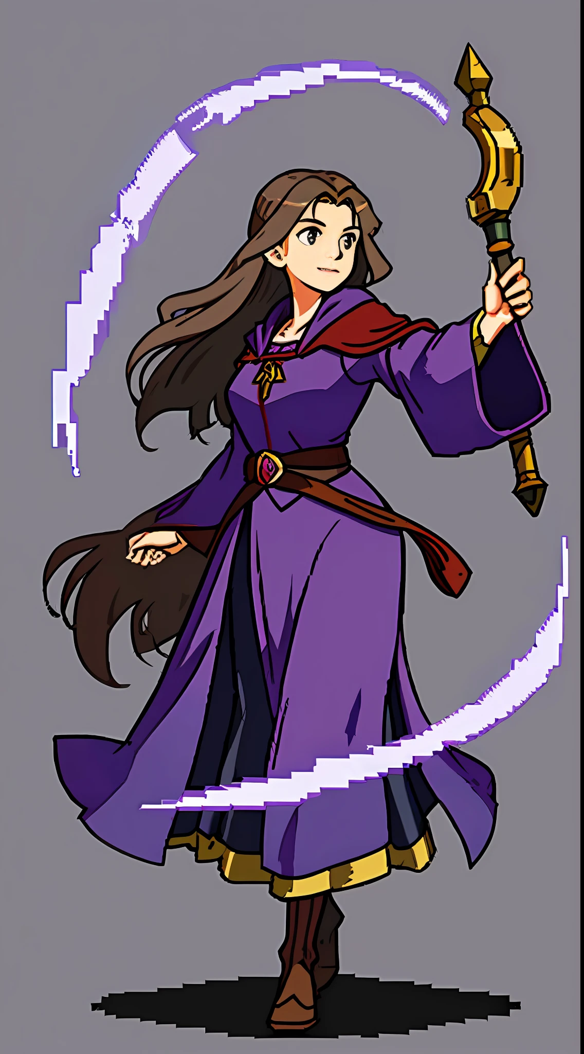 A sorceress woman with medieval wine-colored robes she has brown hair and purple eyes, sorceress, full body, whole body standing in battle pose, gray transparent background, ((full body)), full body illustration, attack pose, gentle smile, pixel art, style pixel