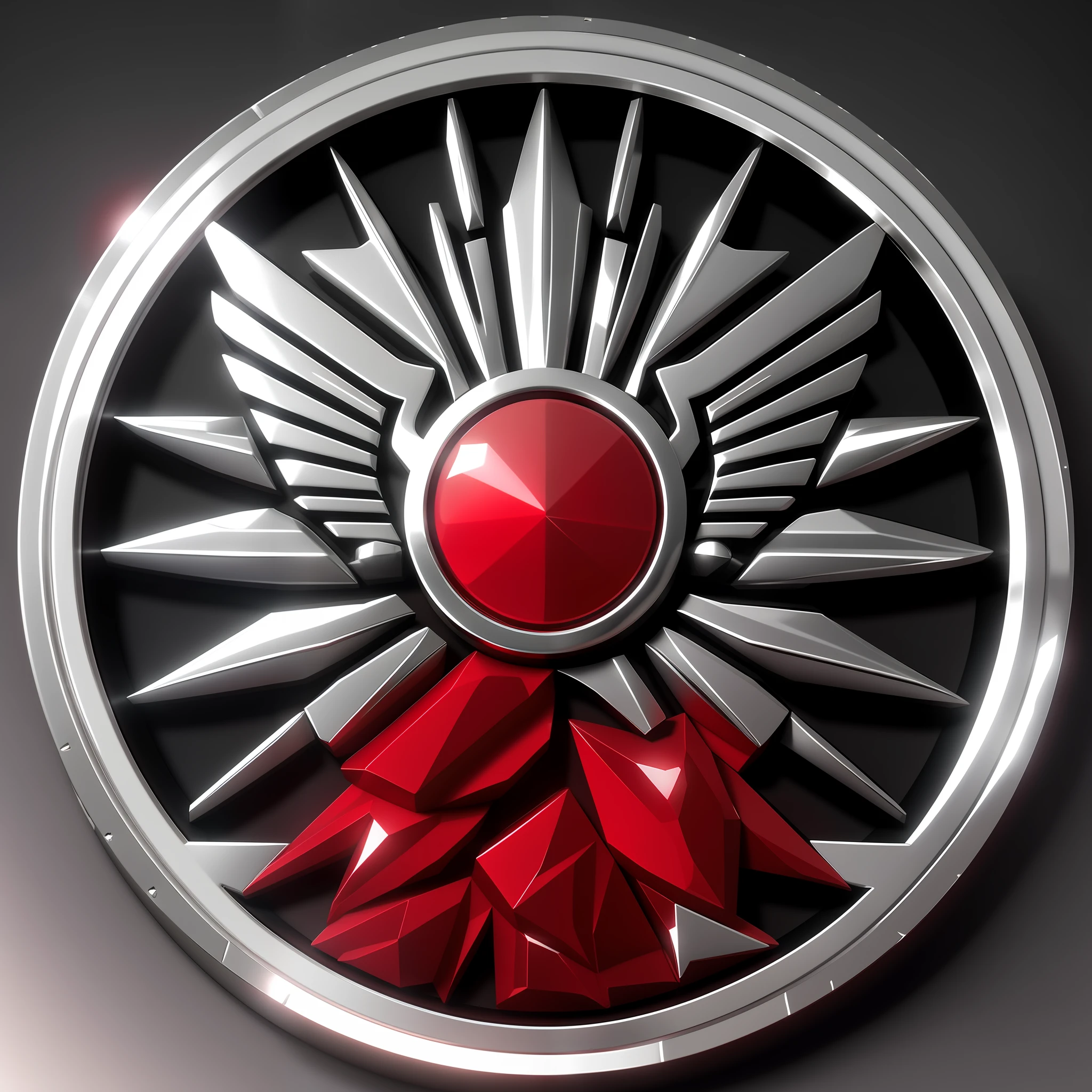 A closeup of a circular object with a red gem in the middle, with an emblem of a rising sun with wings, imperial symbol, realistic 3D icon all silver, game logo, game icon asset, silver insignia, shield emblem, with cryengine, logo with eagle wings, realistic silver coin. Silver emblem.