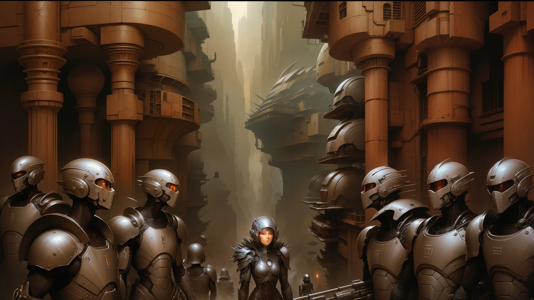 there are many people in a sci - fi city with helmets and helmets, peter gric and dan mumford, craig mullins nekro, by Peter Gric, style of jim burns, inspired by Stephan Martiniere, cgsociety ), cybernetic civilizations, cybernetic civilisations, fractalpunk, award winning scifi art, by Ian Miller --auto --s2