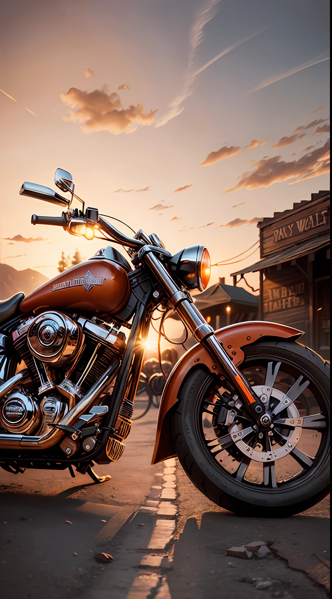creating a flyer for a motorcycle party, Saloon Far West with Harley Davidson motorcycles parked in the front pretty girls at the front of the saloon, sunset, film grain, bottom, wide angle, photo realism, high details, high quality, 4K, best quality --auto --s2