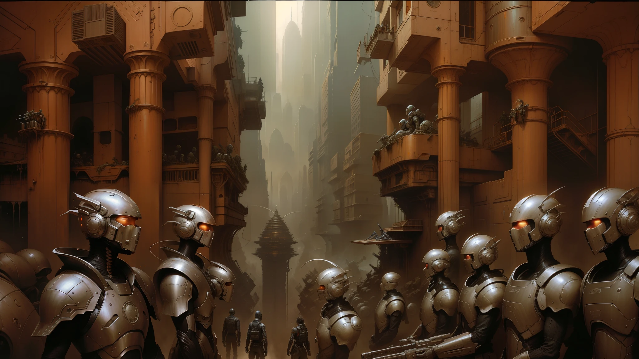 there are many people in a sci - fi city with helmets and helmets, peter gric and dan mumford, craig mullins nekro, by Peter Gric, style of jim burns, inspired by Stephan Martiniere, cgsociety ), cybernetic civilizations, cybernetic civilisations, fractalpunk, award winning scifi art, by Ian Miller --auto --s2